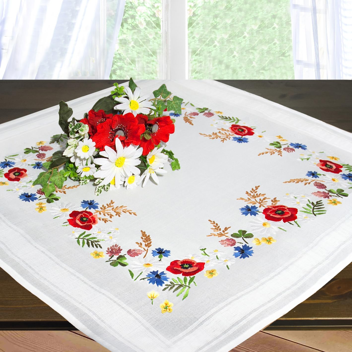 Pacchetto punto croce " Paradiso di fiori " con Papaveri e Fiordalisi - Tovaglia ricamata 85 cm x 85 cm con bordo con punto a giorno - punti predisegnati - Filo 100 % Cotone - di alta qualità - pronto per essere lavorato - Tovaglia 85 x 85 - lavoro al pun