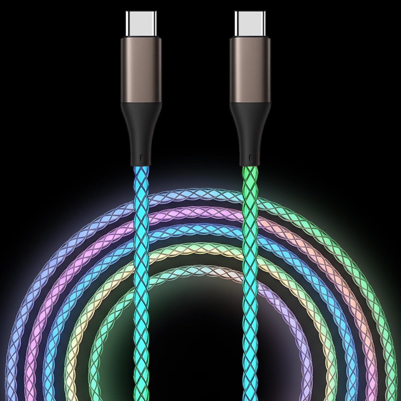Cable USB C a USB C, cable de carga tipo C iluminado, cable USB C a USB C de 60 W, cable de carga rápida LED tipo C a C para iPhone 17/16/15/iPad MacBook, Samsung Galaxy S25 S24 S23 (multicolor, 6