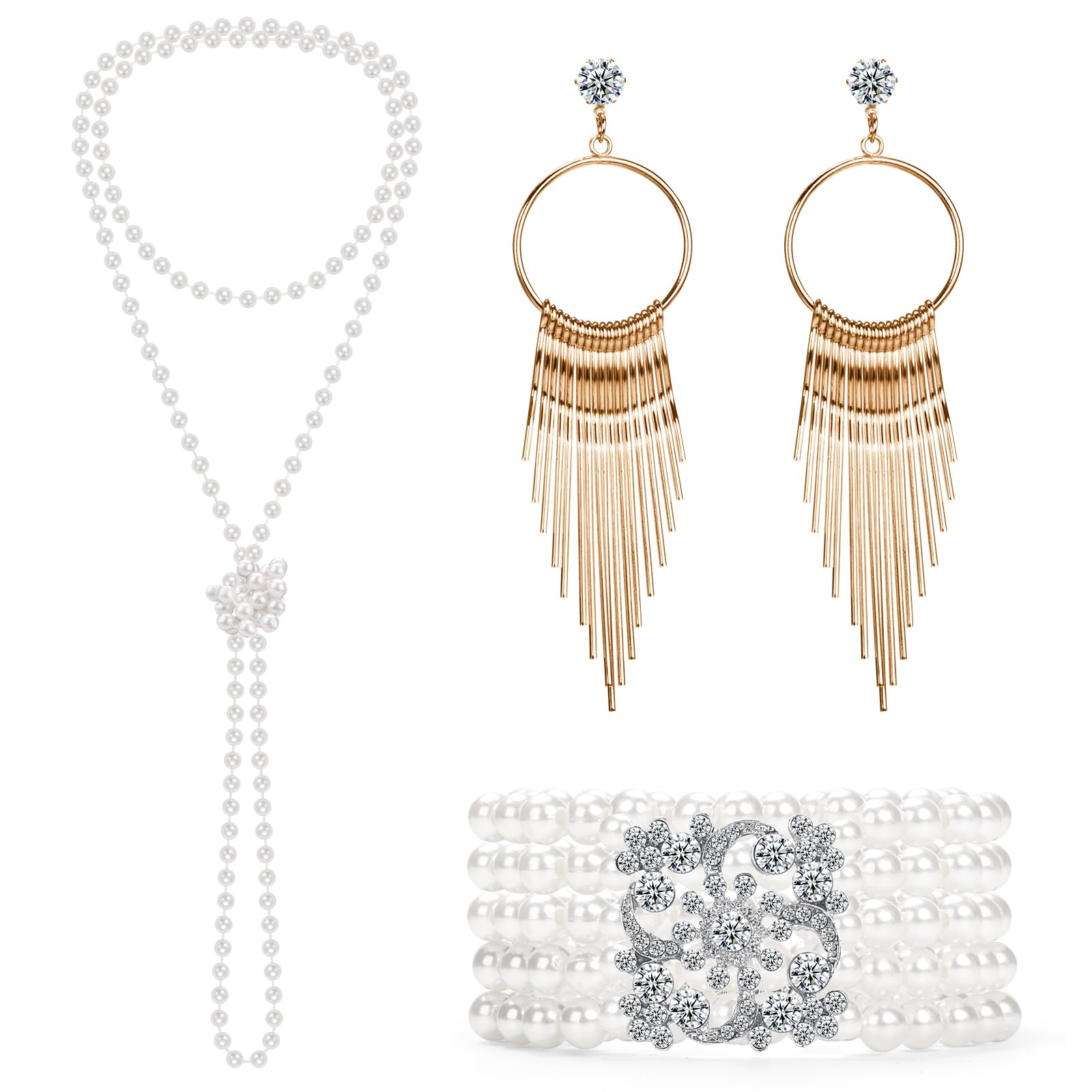 1920s Pearl Jewelry Set - Long Pearl Necklace, Earring Set, Multilayer Bracelet - Flapper Accessories for Women