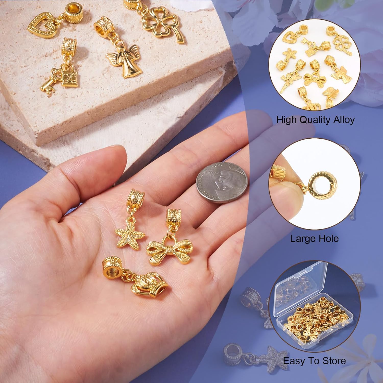 Craftdady 18 pcs Gold Dangle Charm with Bail Beads Tibetan Style European Dangle Pendants Angel Bowknot Butterfly Heart Large Hole Pendants for Necklace Bracelet Jewelry Making Crafting image 3