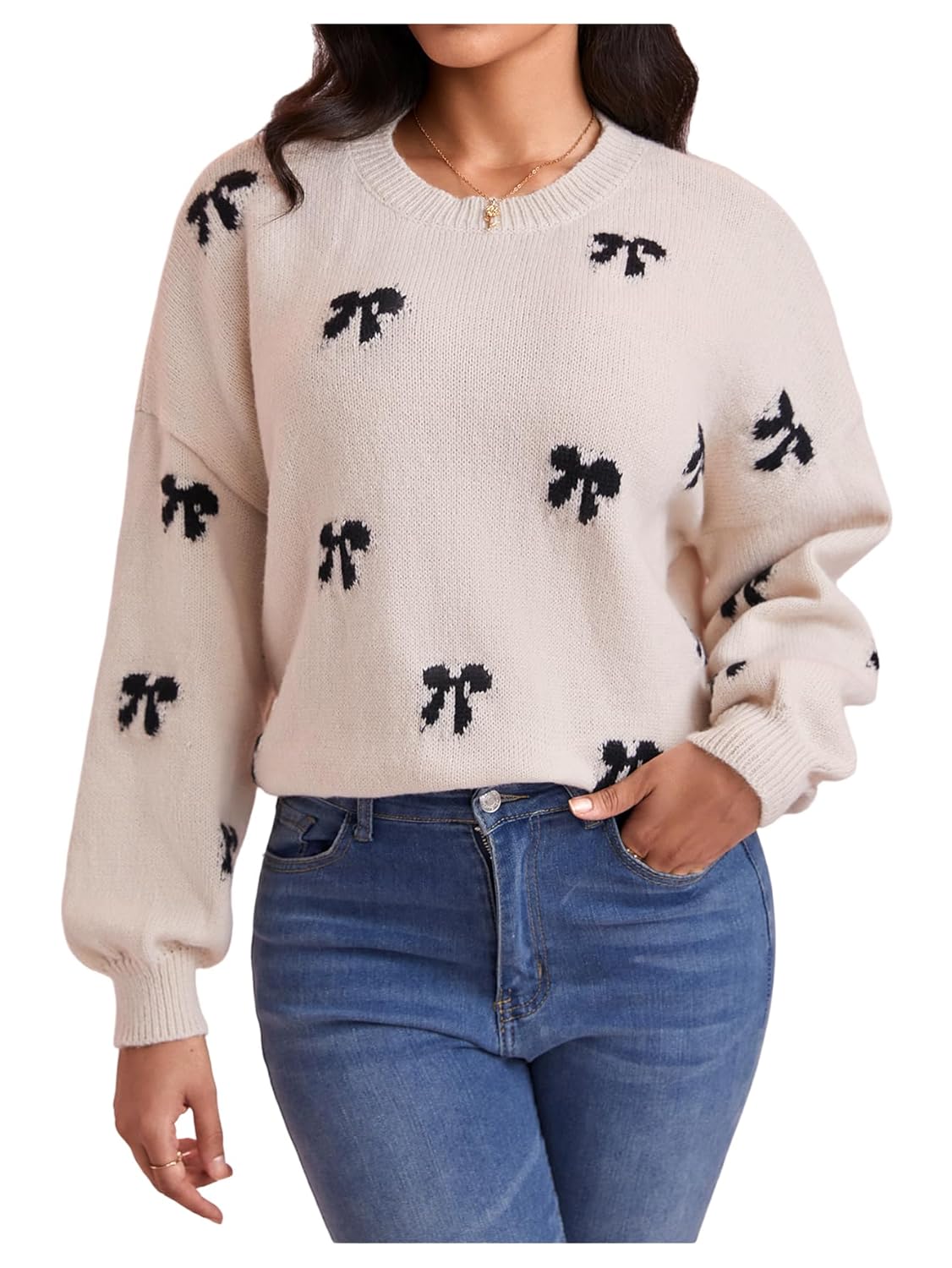 Milumia Womens Y2K Bow Print Knit Sweater Crew Neck Drop Shoulder Long Sleeve Pullover Top