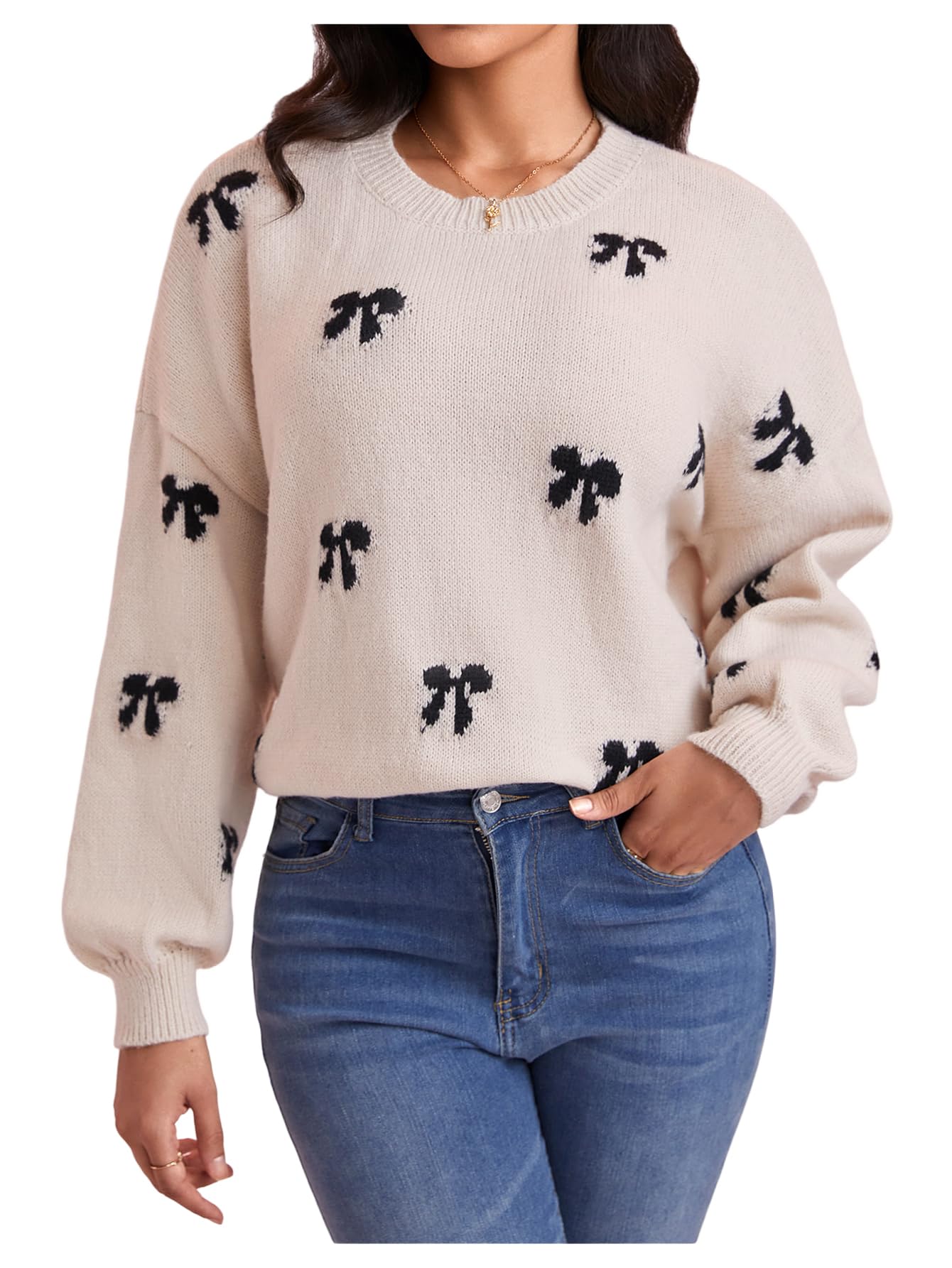Milumia Womens Y2K Bow Print Knit Sweater Crew Neck Drop Shoulder Long Sleeve Pullover Top