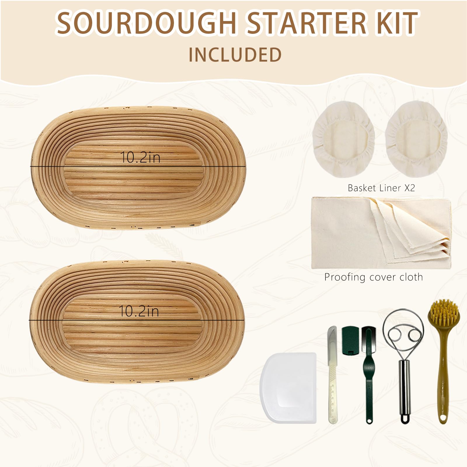 Banneton en rotin naturel, kit de panier à pain au levain, panier ovale de 5,1 x 25,4 cm avec outils de pâtisserie pour la fabrication du pain, kit de démarrage de pâtisserie, panier à bannier,