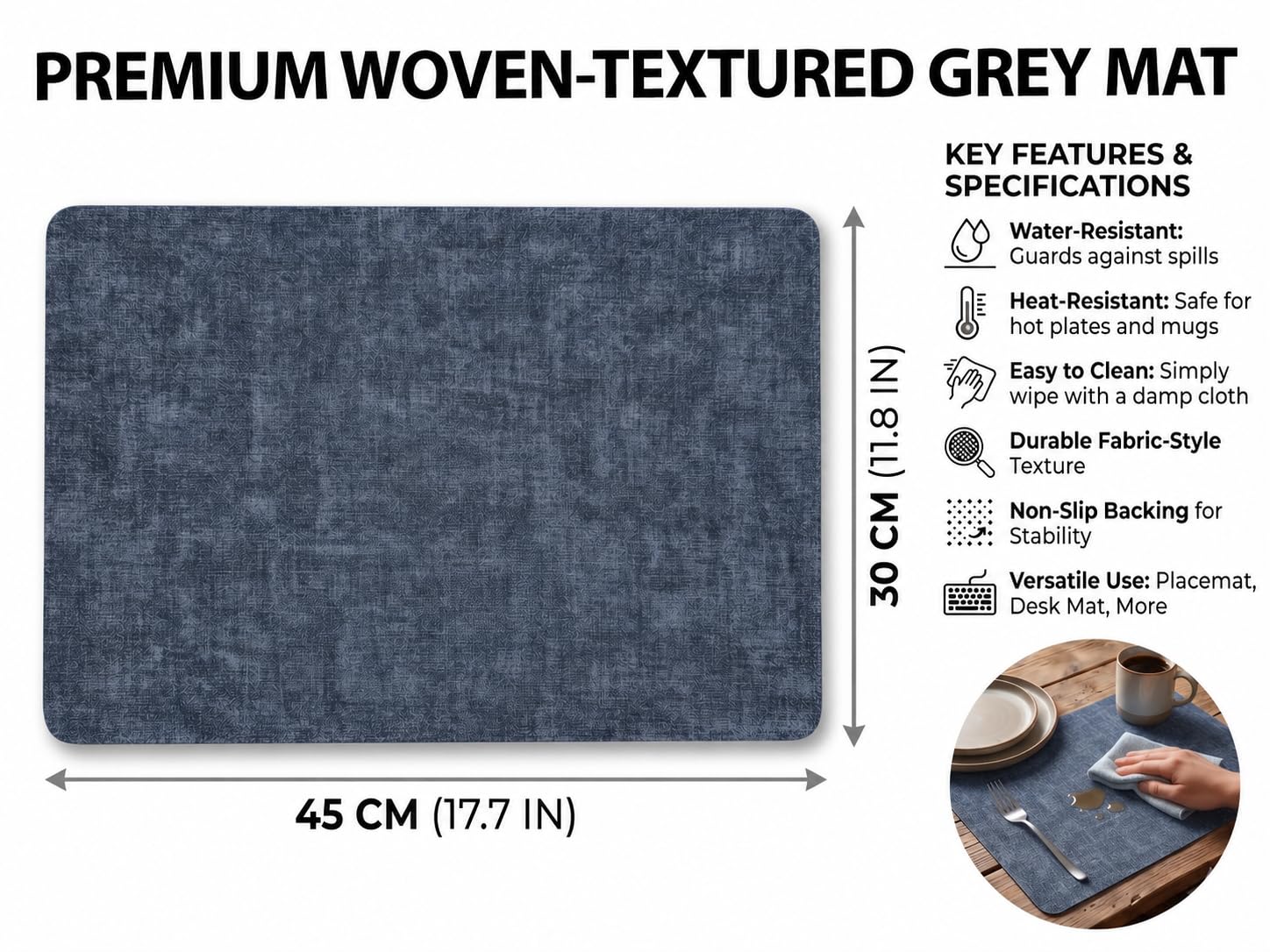 RichAxis Dining Table mat, Washable Table mats, PVC placemat for Kitchen, Non Slip Dining Table Accessories for Home, Rectangular Place Mat for Multiple Use (Set of 2, Grey) — Amazon image 2