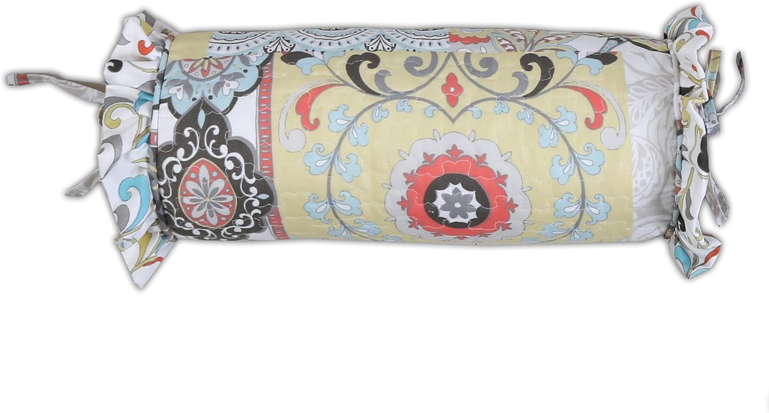 Cozy Line Home Fashions Stylish Floral Fleur-de-lis Patchwork Polyester 3 Piece Décor Throw Pillow, Gray, Yellow, Coral, Aqua, Blue, Multi-Color