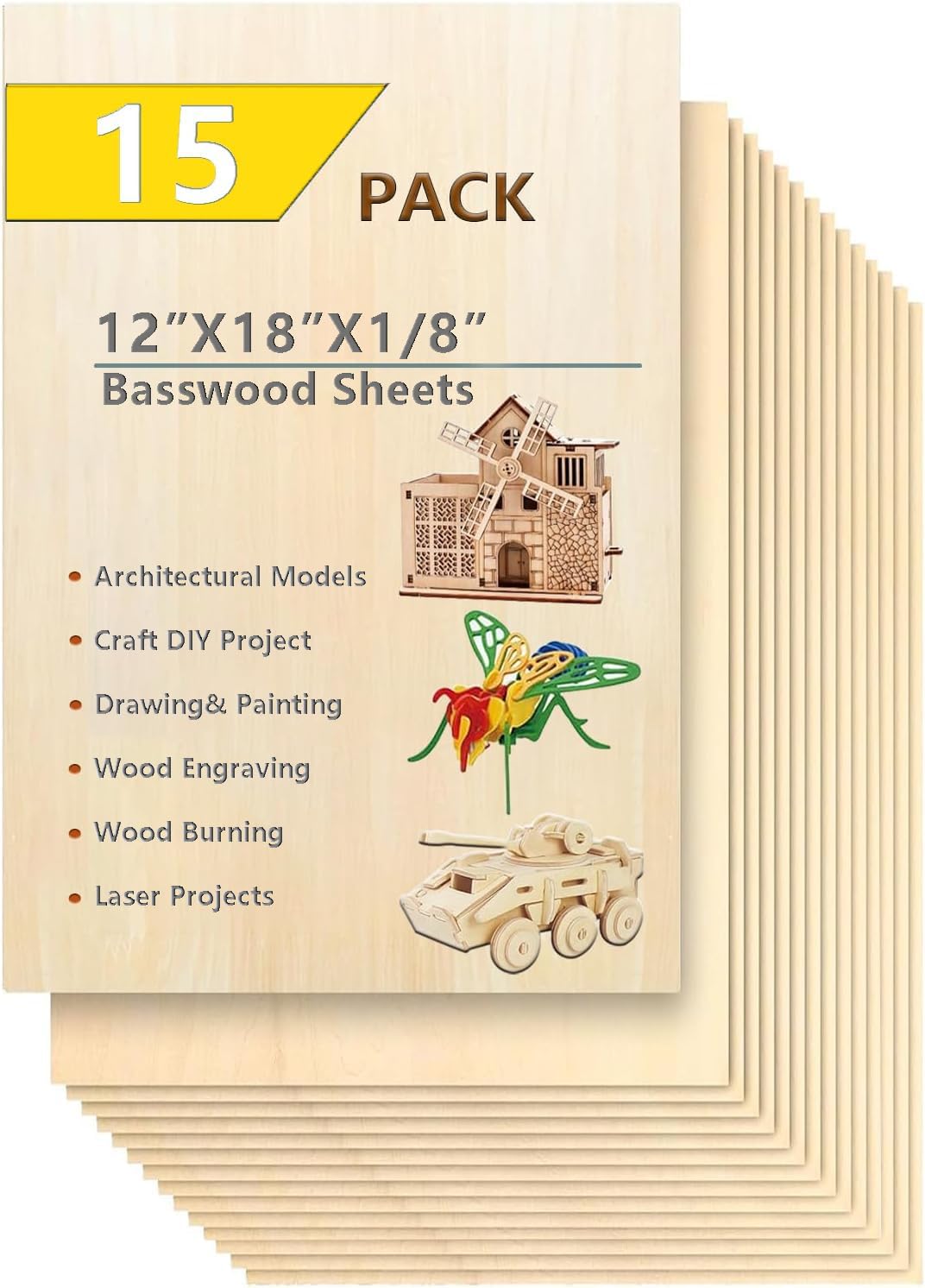 15 Pack Basswood Sheets for Crafts 12x18x1/8 Inch 3mm Basswood for Laser Cutting & Engraving, Drawing,Wood Burning, Unfinished Plywood Sheets for DIY Ornaments and Architectural Model (12x18x1/8)