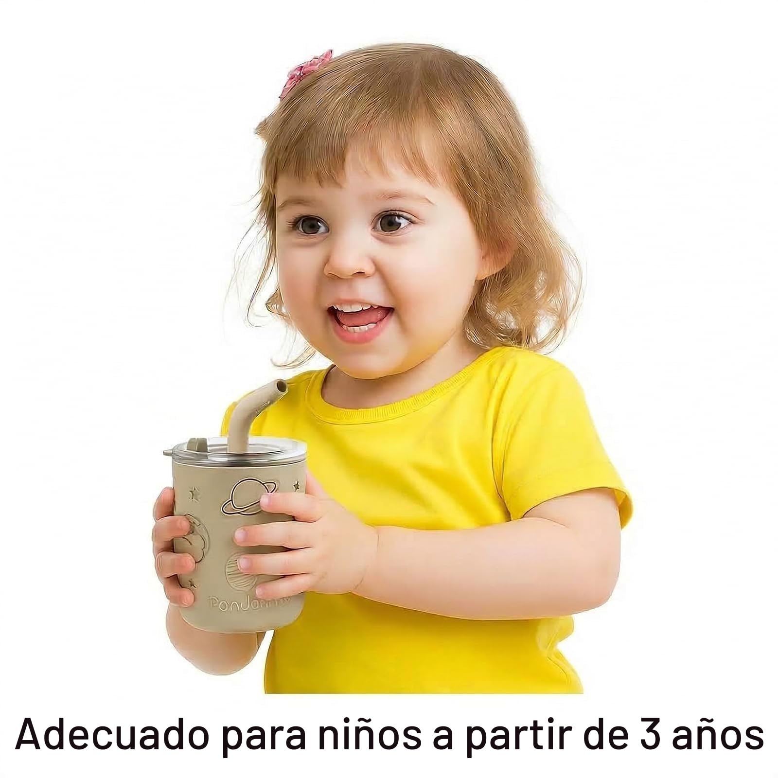 PandaEar Paquete De 2 Vasos De Acero Inoxidable Para Niños Con Tapas Y Fundas De Silicona | 260 ml Vasos Antiderrames Con Tope Para Pajilla Y Pajillas Suaves Para La Dentición De Bebés (Beige Y Rosa)