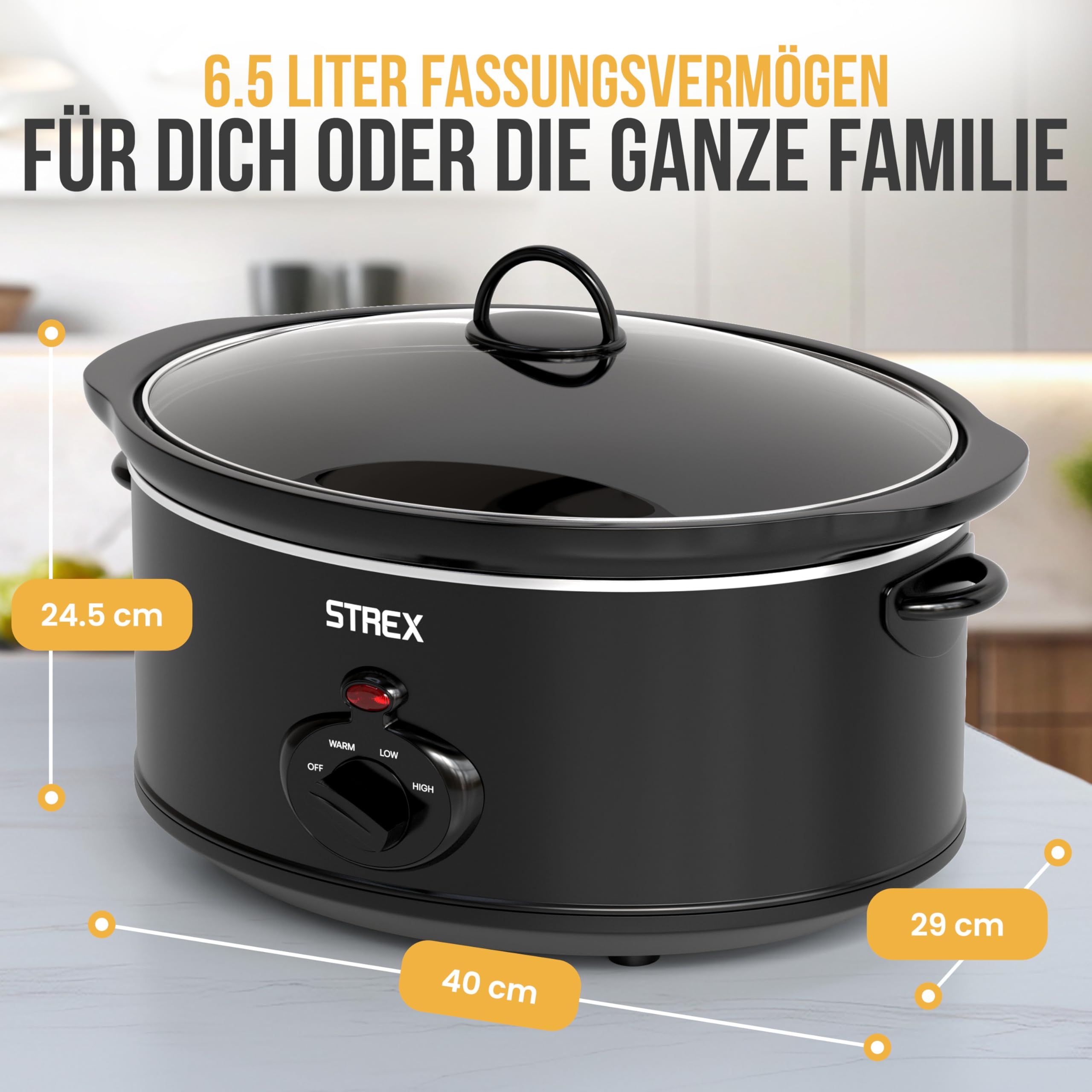 Strex Schongarer Slowcooker 6.5L - Herausnehmbarer Keramik-Innenbehälter - Warmhaltefunktion - Slow Cooker - Schwarz