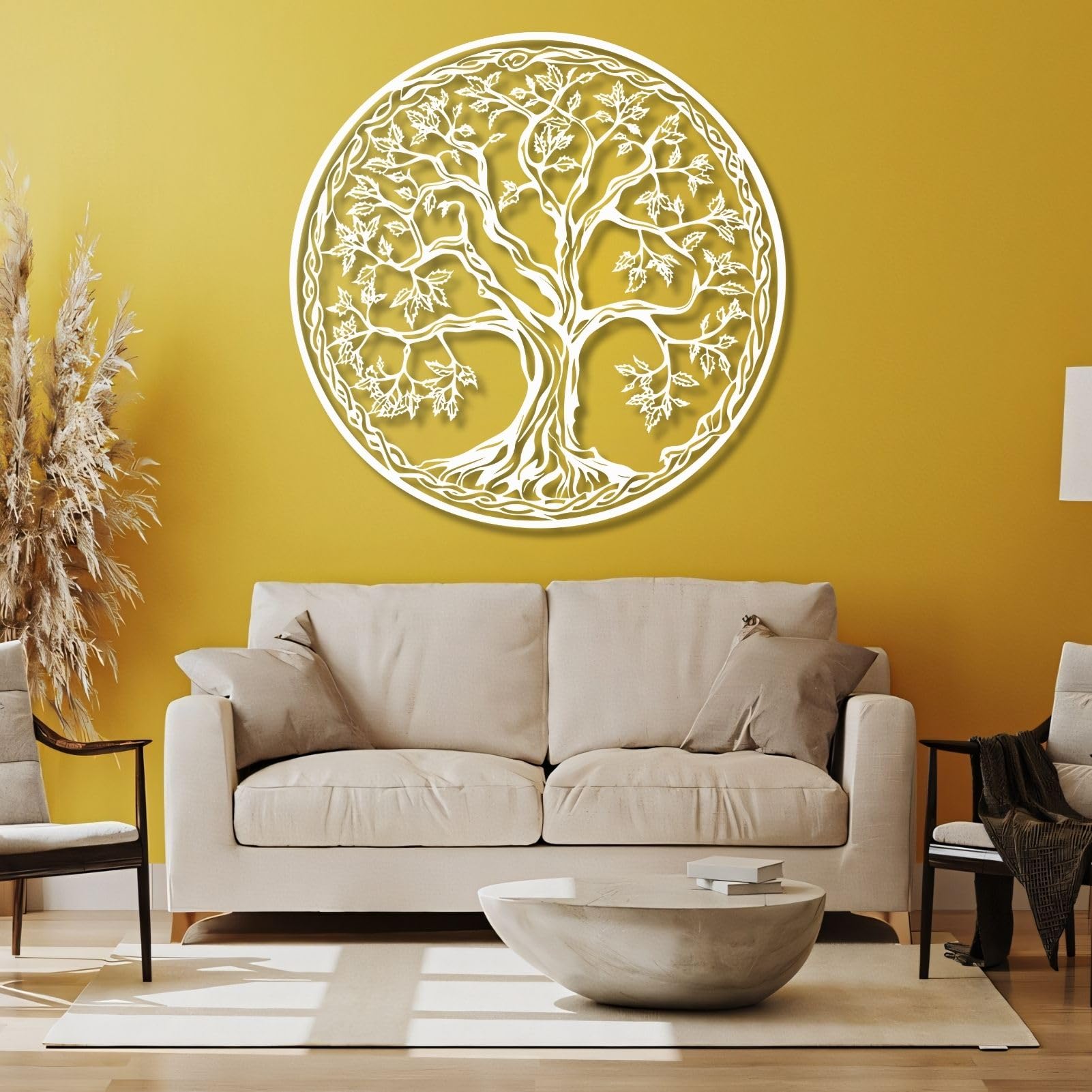 Decoración de pared de metal del árbol de la vida, silueta de sala de estar y dormitorio (47 x 47 cm, plateado)