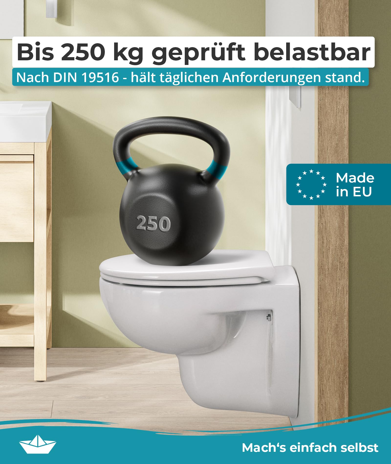 Calmwaters® Toilettendeckel mit Absenkautomatik, WC Sitz einfache Montage, bis 250 kg, Made in EU, aus antibakteriellem Duroplast, 2 Befestigungsarten, abnehmbar, Klobrille oval, Klodeckel Weiß