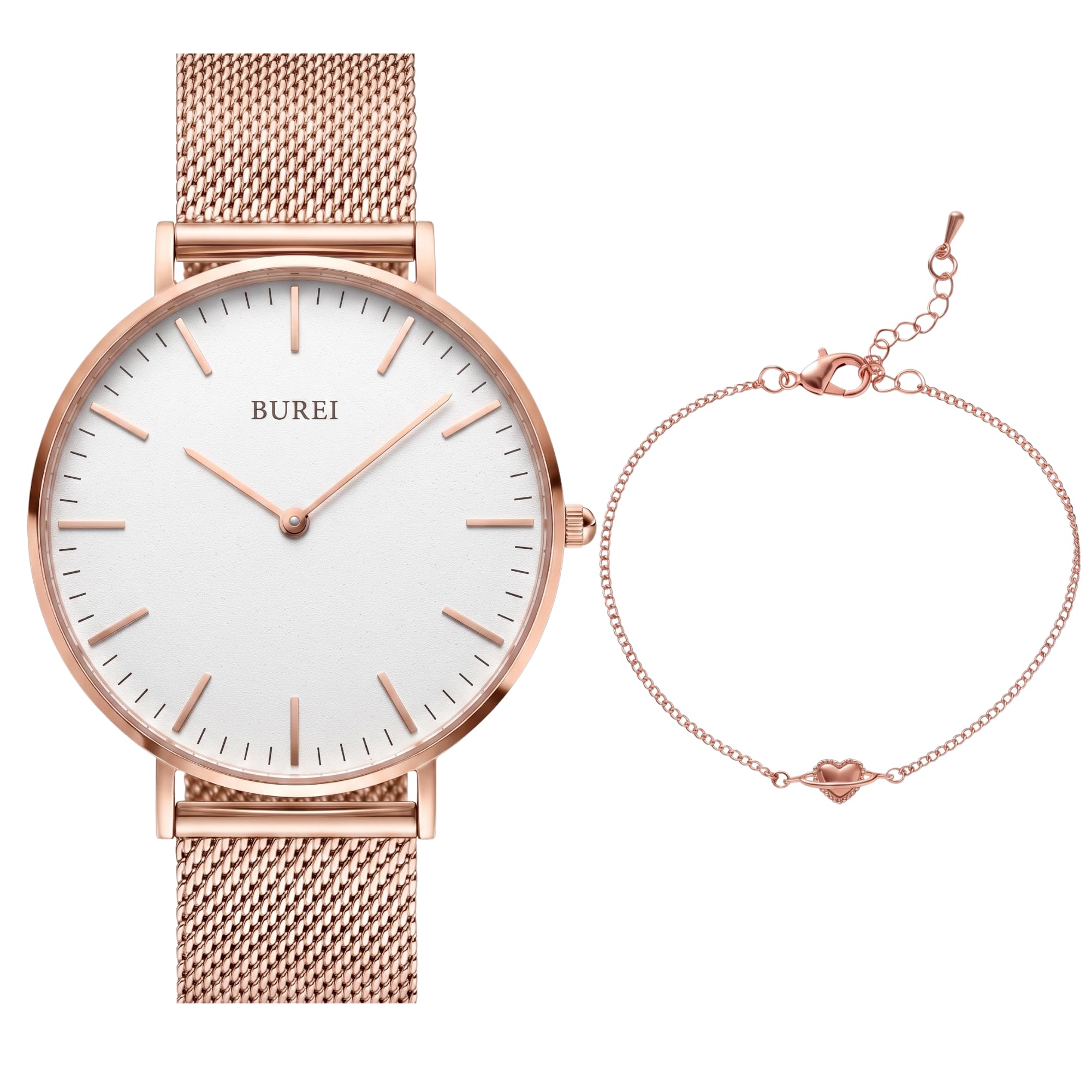 BUREI Orologio da polso da donna, ultra sottile, minimalista, giapponese, classico, in acciaio inox, regalo da donna, Oro rosa, 34mm, Minimalista