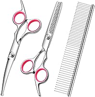 FAIGEO Professional Dog Grooming Scissors Kit - Safety Round Tip Stainless Steel Thinning Curved Shears Comb for Dogs Cats (Pink 4pc)
