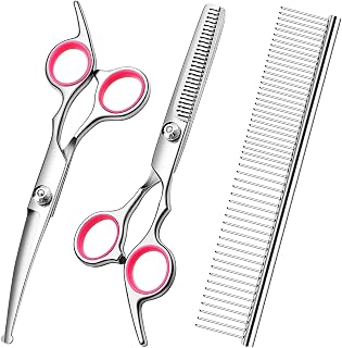 FAIGEO Professional Dog Grooming Scissors Kit - Safety Round Tip Stainless Steel Thinning Curved Shears Comb for Dogs Cats (Pink 4pc)