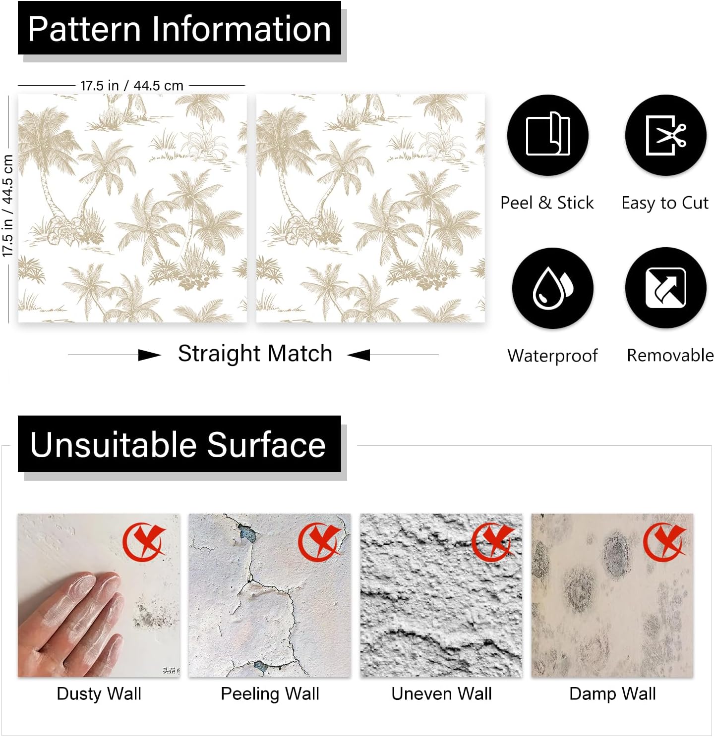 LaCheery 17.5"x275" Toile Neutral Peel and Stick Wallpaper White Brown Tropical Wallpaper for Bathroom Wall Paper Waterproof Palm Trees Self Adhesive Contact Paper for Bedroom Kids Room Walls Cabinets