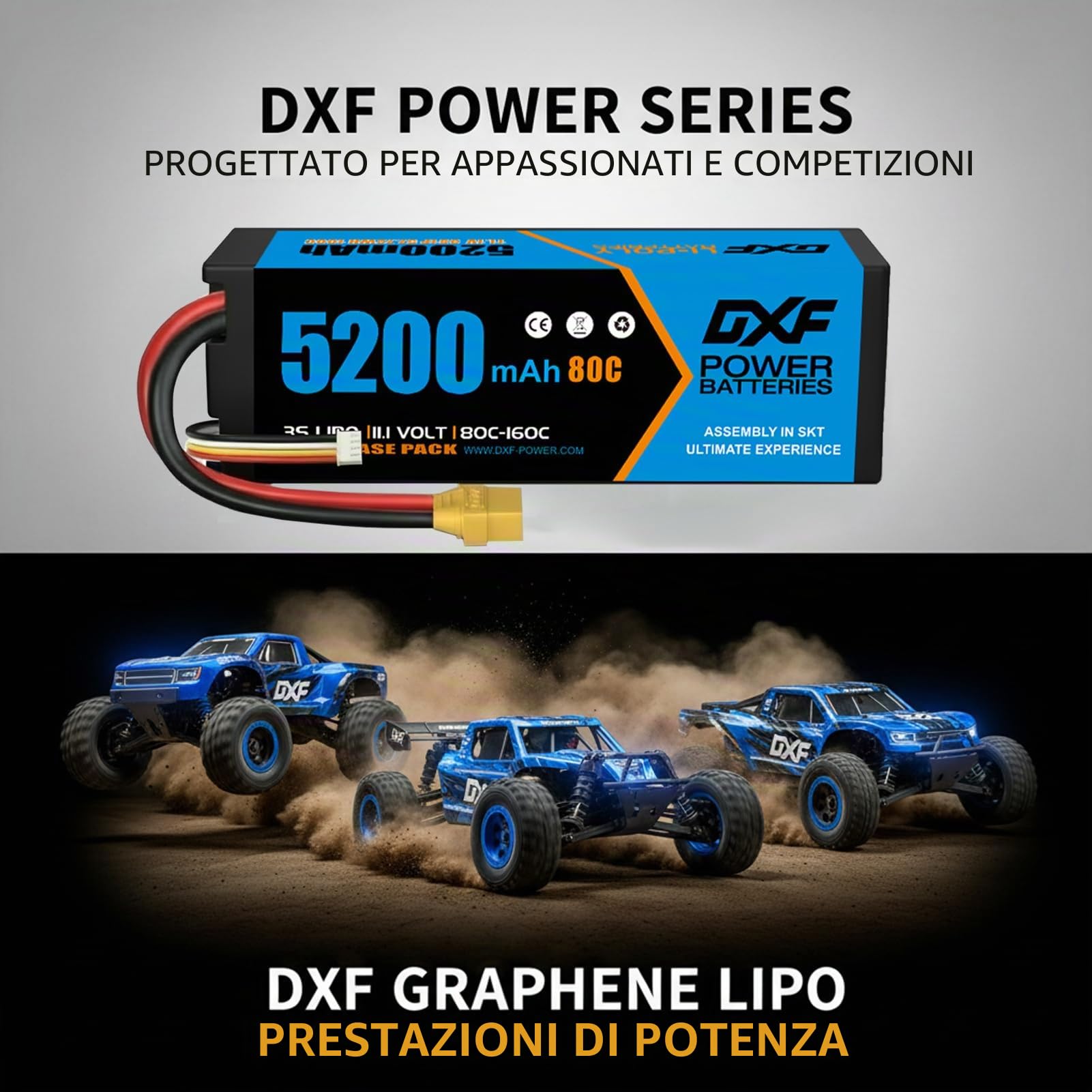 DXF Batteria LiPo 3S da 11,1 V, 5200 mAh, 80 C, confezione da 2 pezzi con connettore XT90, batteria rigida per RC auto, camion, barca, elicottero, aereo, quadricottero, modellismo, scarica ad alte