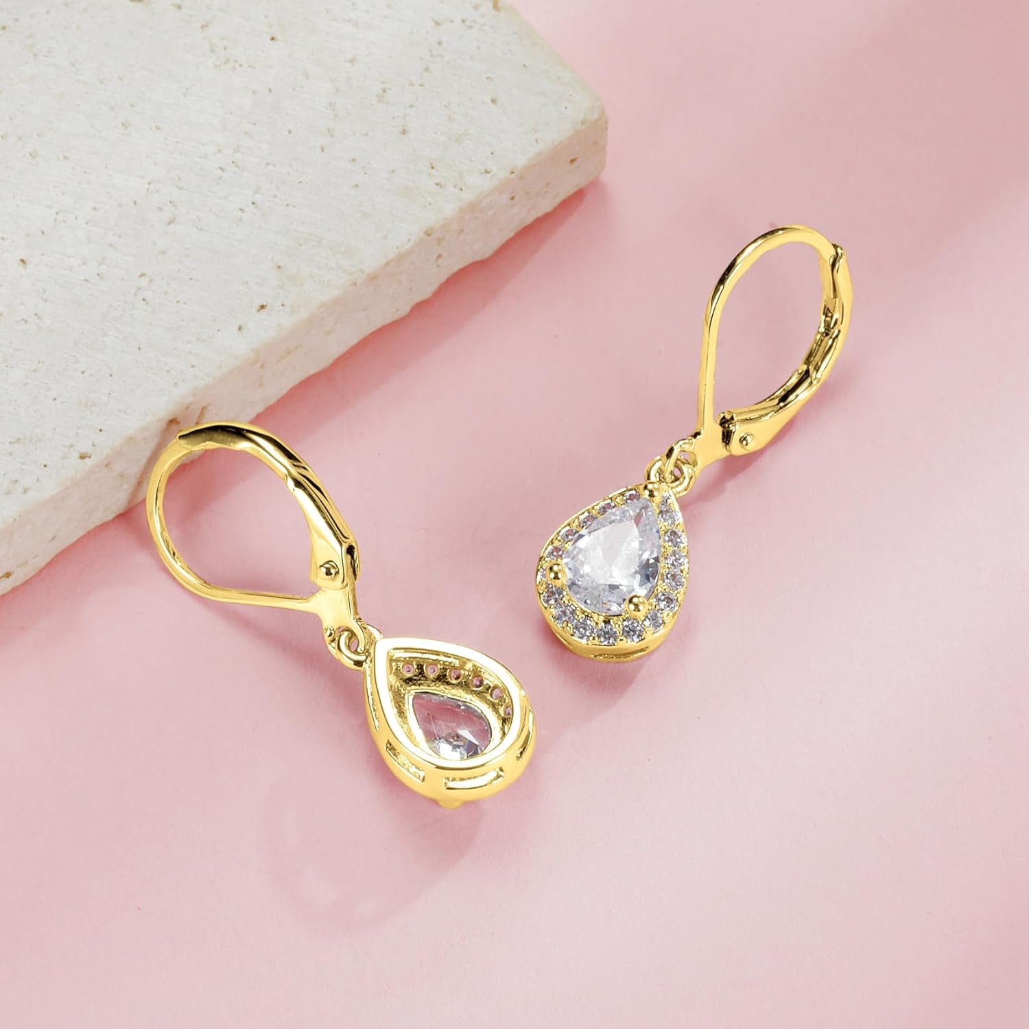 Dangle Earrings 18K Yellow Gold Plated Princess Halo Teardrop Cut Clear Cubic Zirconia Drop Earrings for Women Hypoallergenic - Image 5