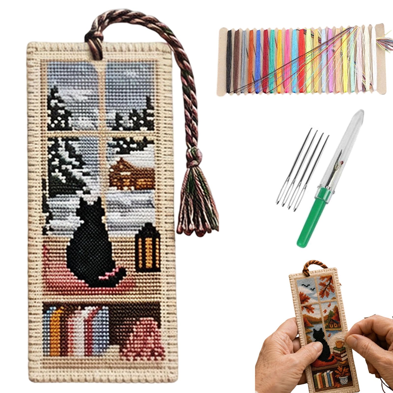 Tiwuuyo Winter Seasonal Cat Cross Stitch Bookmark, Black Cat Bookmarks Cross Stitch Kit For Beginners,Vintage Diy Stamped Embroidery With Backing Felt Floss Instructions,Cozy Gift For Book Lover (Winter)