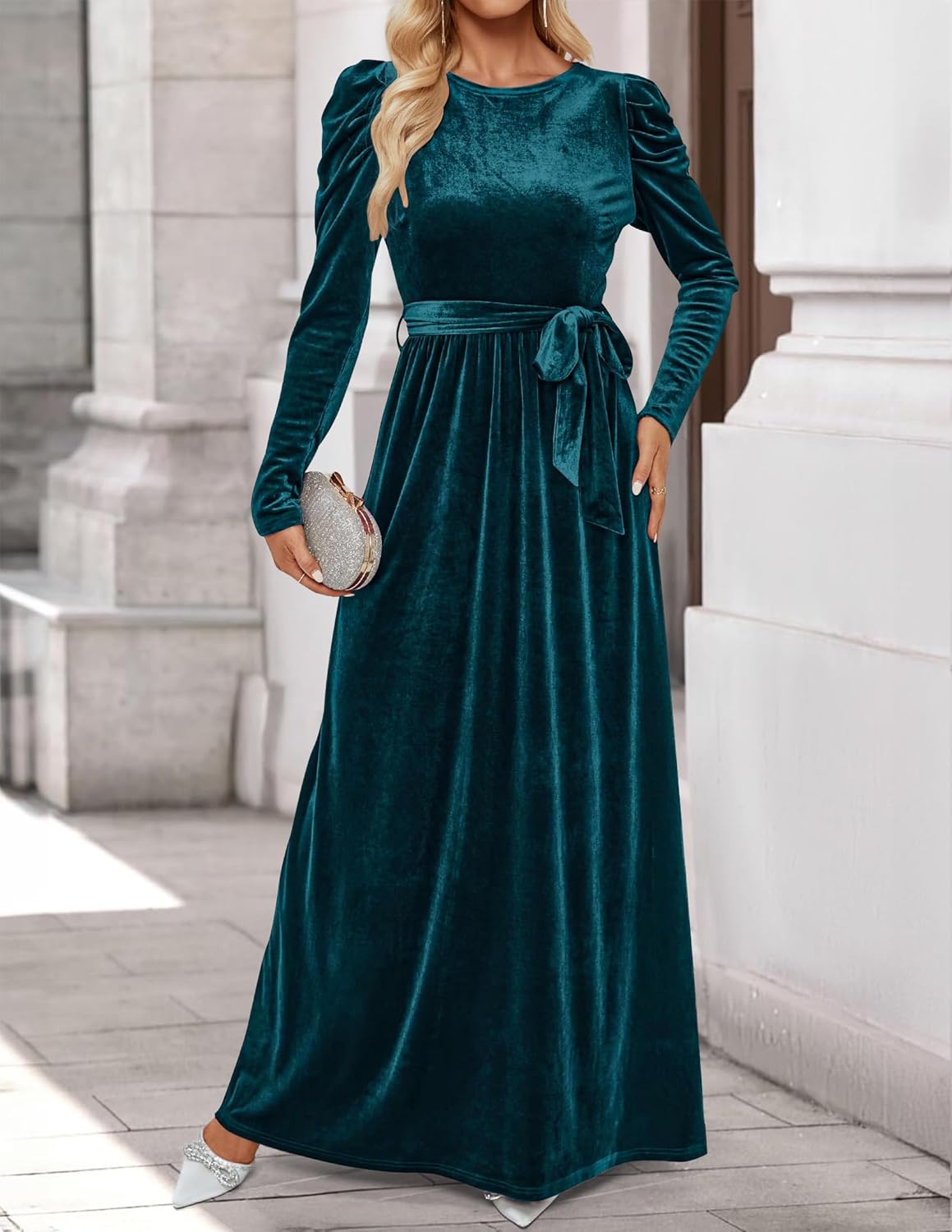 ZESICA Women's Velvet Maxi Dress Fall 2026 Long Puff Sleeve Crew Neck Elastic High Waist Cocktail Party Bridesmaid Dresses - Image 9