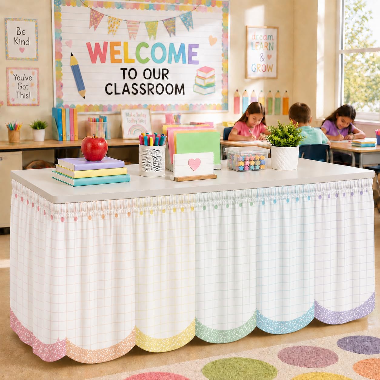 Cinrobiye Teacher Desk Skirt 14 FT x 30 Inch,Classroom Desk Decoration for Teachers, Fits Rectangle, Round & Kidney Shaped Tables, Back to School Classroom Setup, Teacher Station Decor(Pastel2)