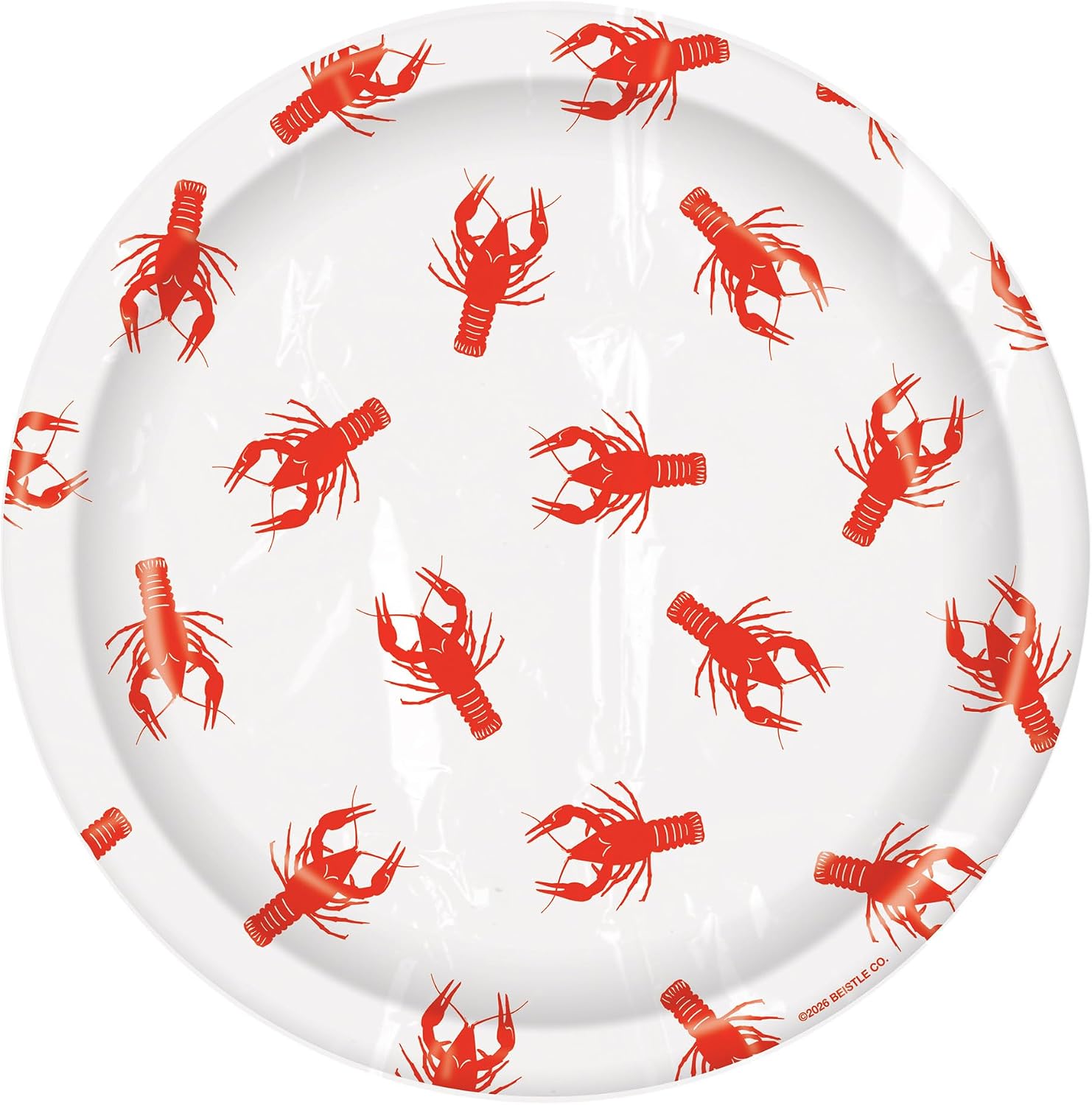 Beistle Crawfish Paper Plates – 16 Pack, Red and White Disposable Party Tableware, Round Seafood-Themed Dessert Plates for Boil Tables, Coastal Events, Mardi Gras Celebrations & Cajun Displays, 7"