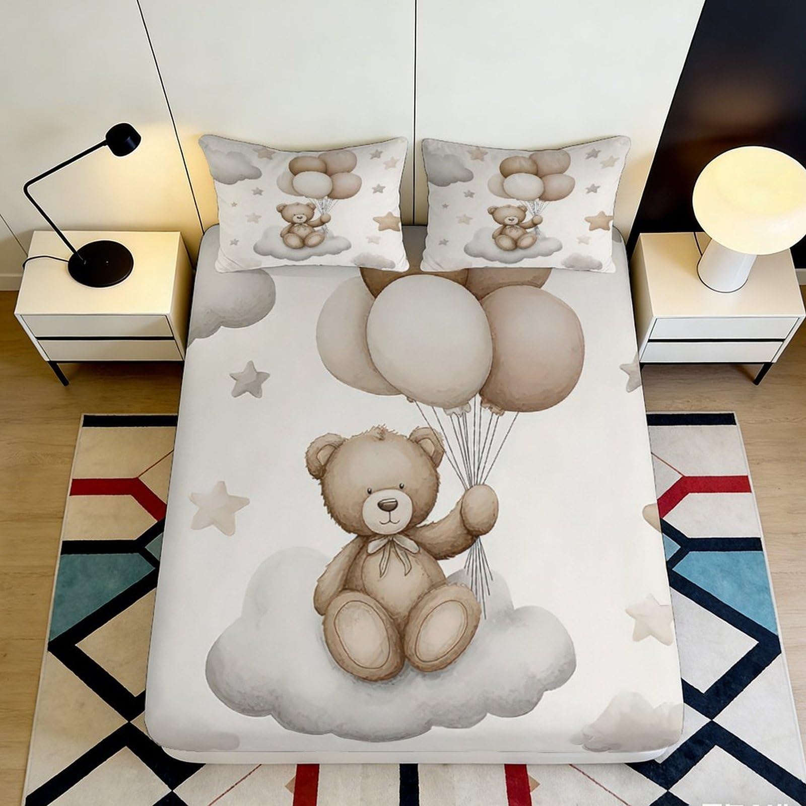 3D Printed Cute Teddy Bear Fitted Sheet Microfiber Soft Breathable Balloon Cloud Bed Cover for Bedroom Dorm Decor 90x200x25cm