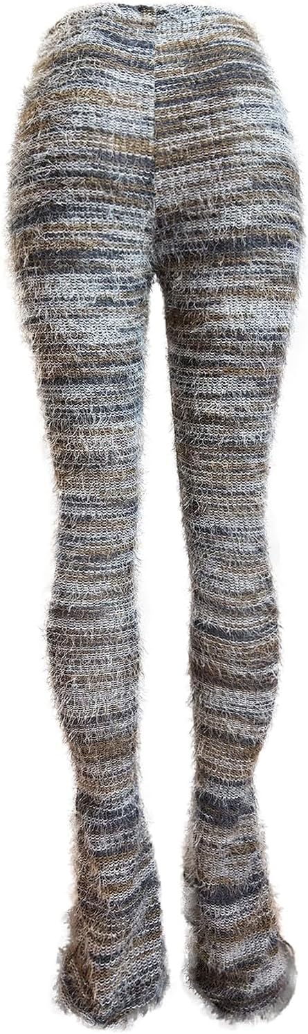 XZLUFNY Women's Stacked Fuzzy Pants High Waisted Striped Knit Sweatpnts Leggings