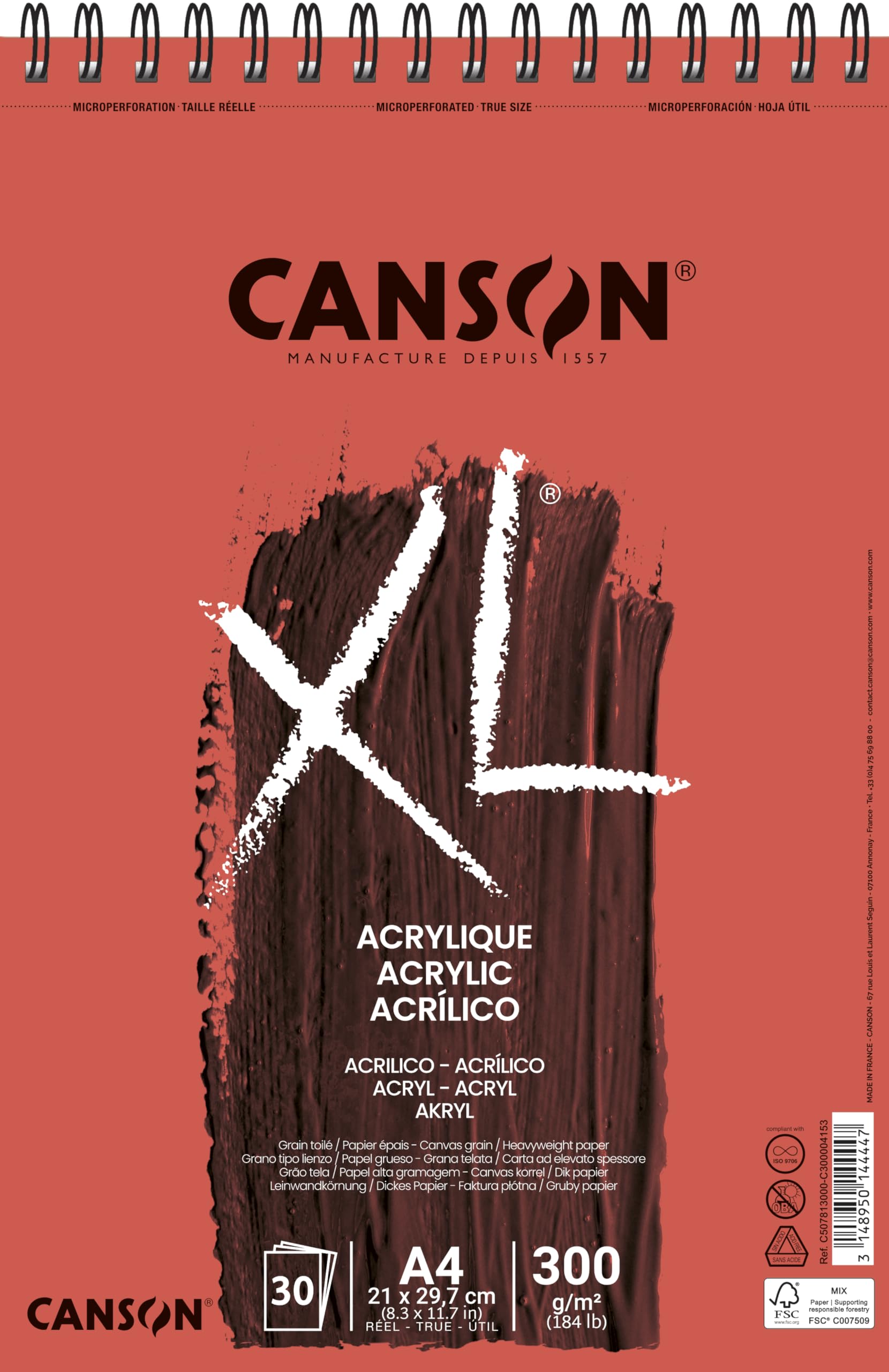 Canson XL Acrylic, Acrylic Paper, Canvas, 300gsm, Short Side Spiral Pad, A3 (29.7x42cm), White, 30 Sheets