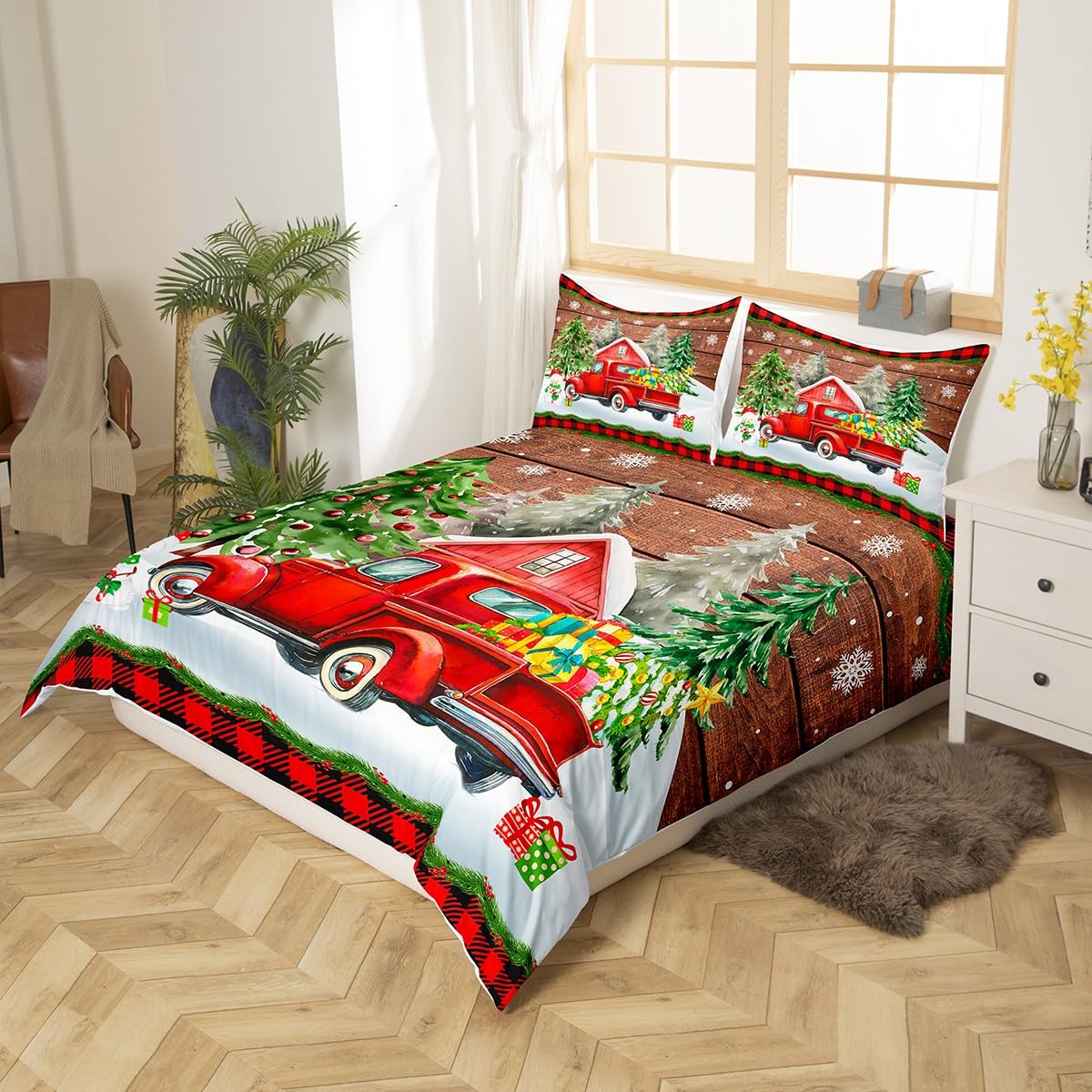 Christmas Duvet Cover Set King Size, Red Truck Xmas Trees Snowman Comforter Cover with 2 Pillowcases - Image 2