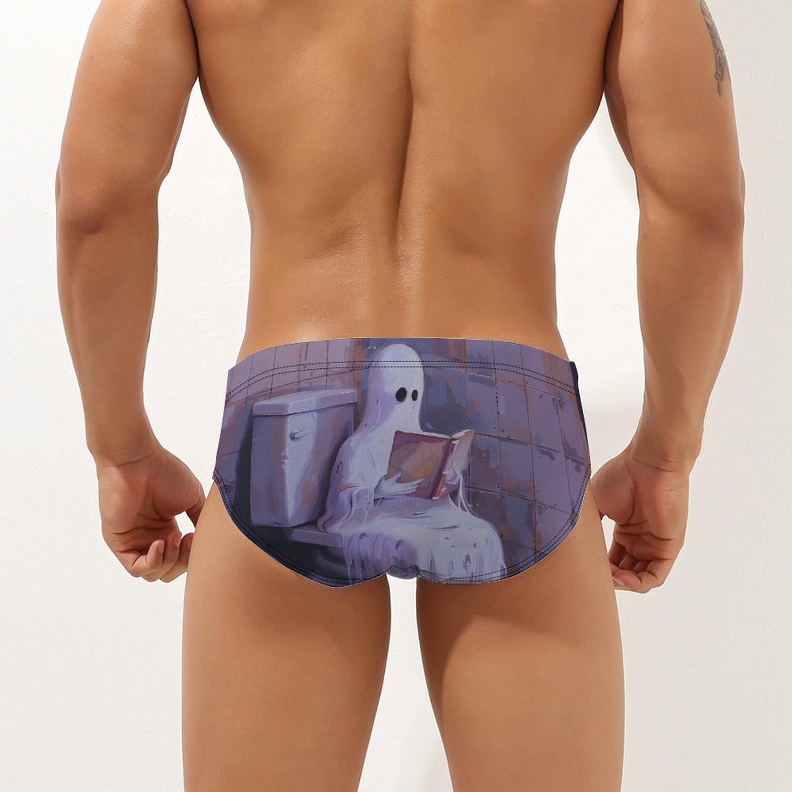 Halloween Ghost on Toilet Mens Swim Briefs Bikini Swimwear Print Beach Shorts Sexy Swimsuit M