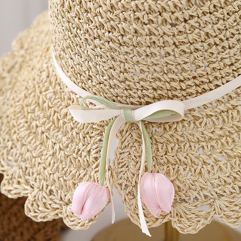 Sombrero de Paja para Mujer,ala Ancha,con Decoración de Tulipanes,Plegable,Flexible,para Playa,para Viajes,Vacaciones de Verano,Suave,Ligero y Transpirable