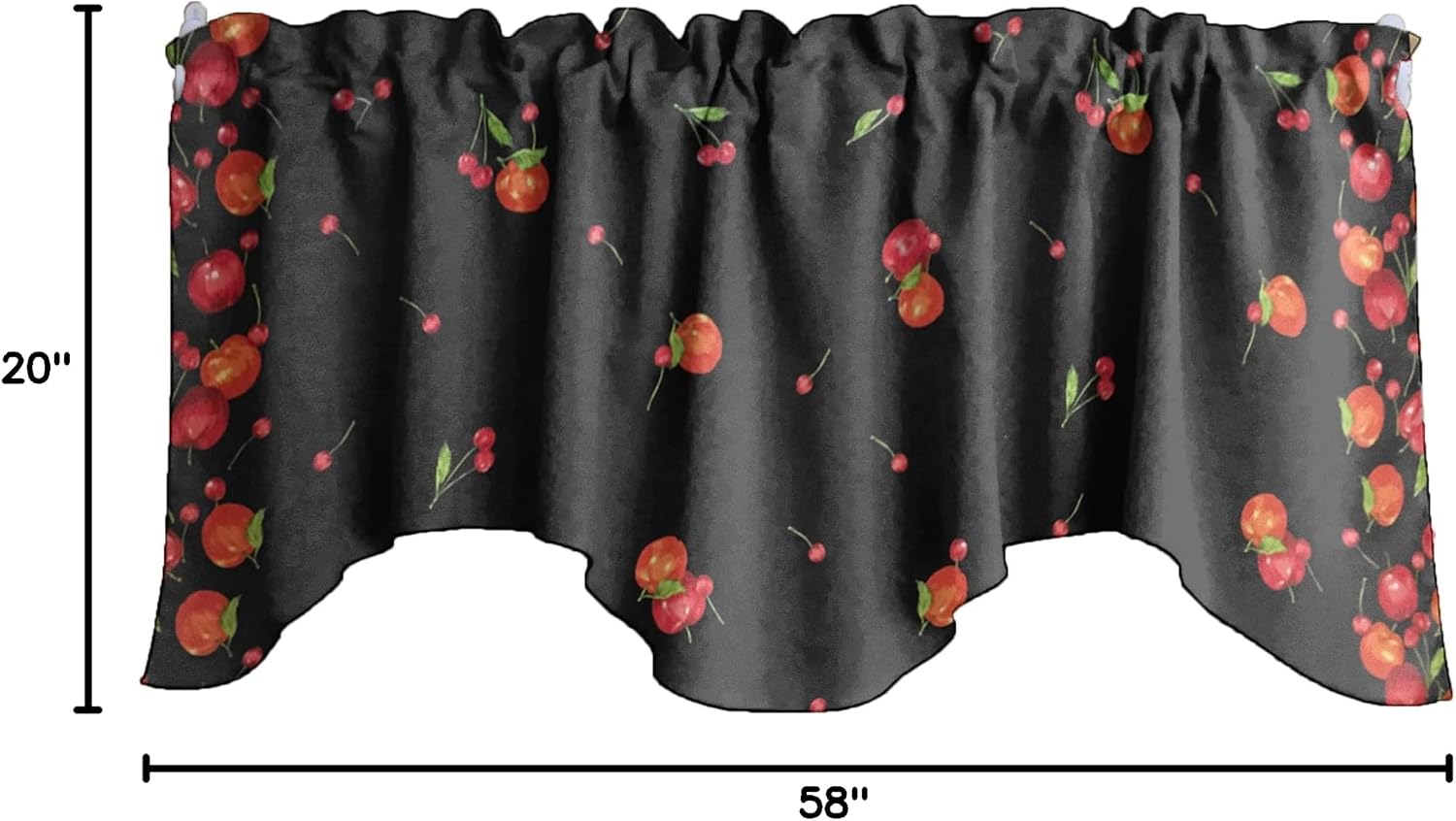 Zen Creative Designs Fruits Print Scalloped Wave Cotton Window Valance Home Décor Bedroom Nursery Kitchen Window (Apples and Cherries Border Black)