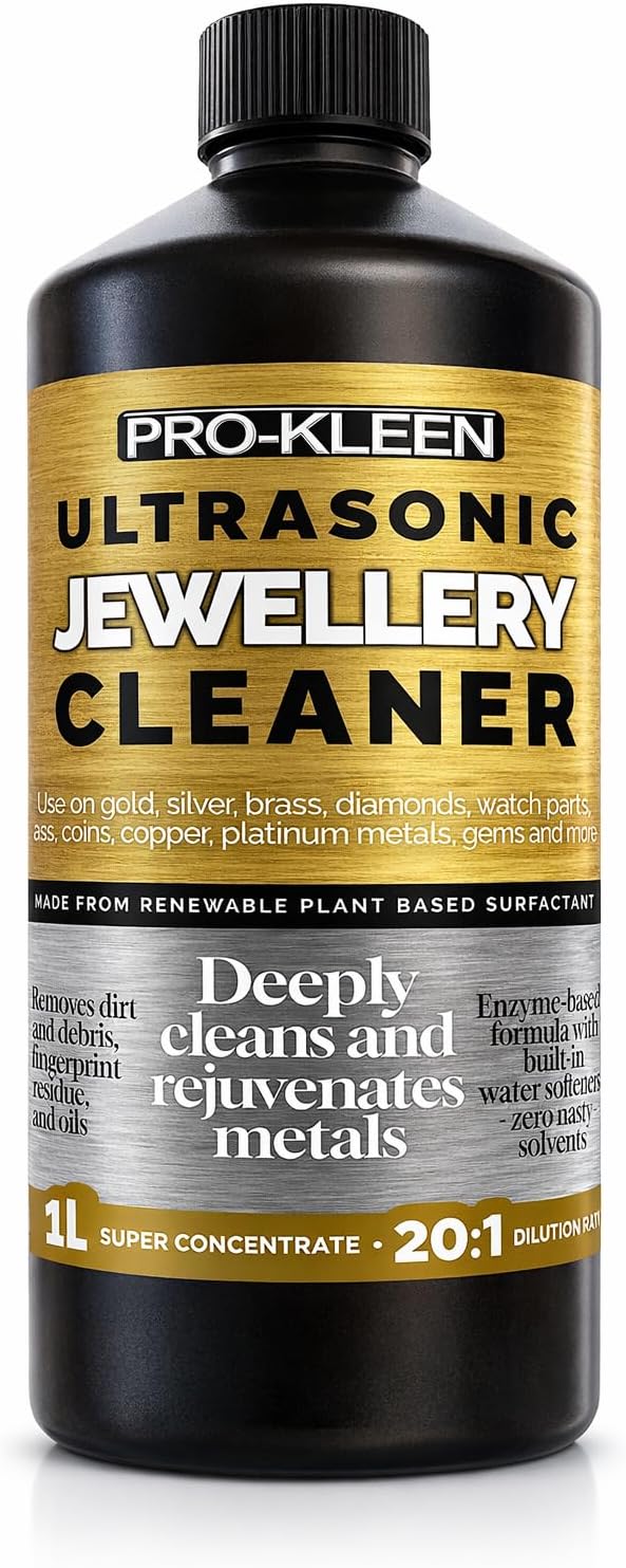 Pro-Kleen Ultrasonic Jewellery Cleaner Machine Solution 1 Litre Concentrated Fluid Makes 20L - Removes Oils Scale Dirt Suitable for Gold Silver Brass Diamonds