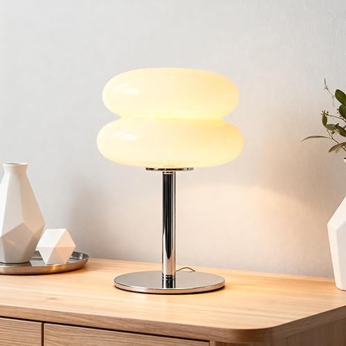 Fandian Lámpara de mesa beige para dormitorio, lámpara moderna de mediados de siglo para mesita de noche, lámparas pequeñas de 3 colores cambiantes