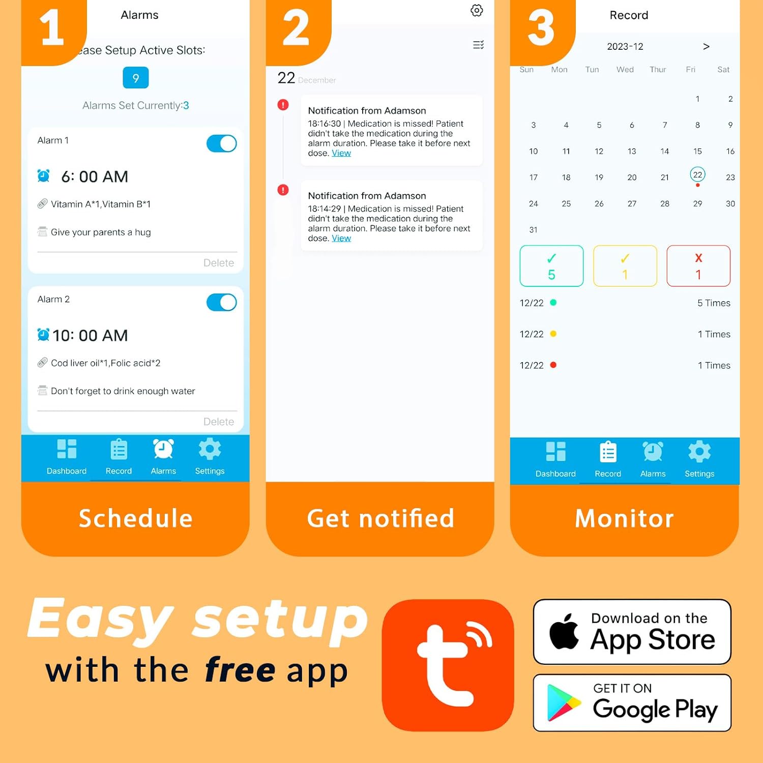 App screenshots showing scheduling, notification, and monitoring features.