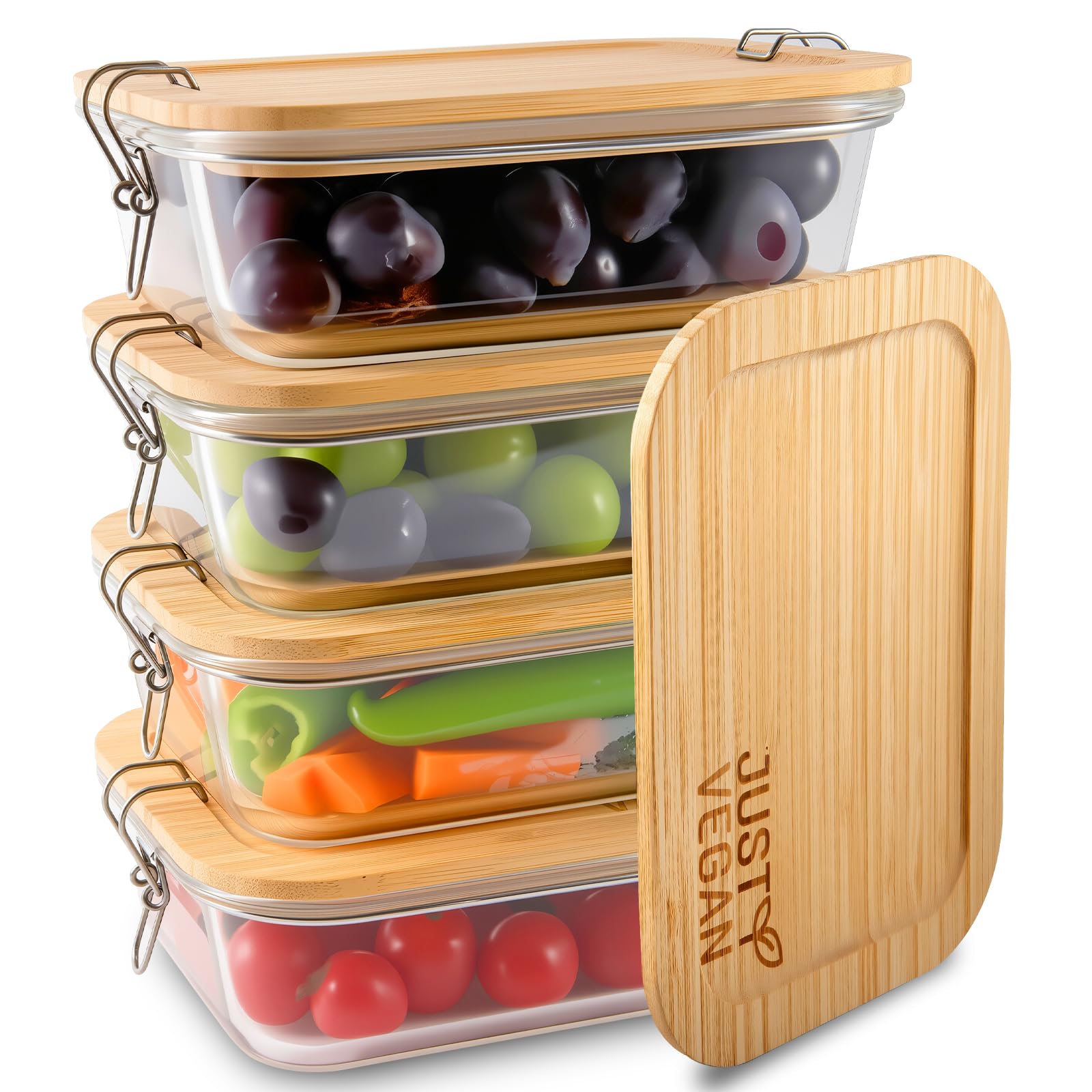 Quadratische Lebensmittelbehälter aus Glas mit Holzdeckel (2 oder 4 Stück) – gerillte Bambusabdeckung, stapelbar, ofenfest, plastikfrei, 1040 ml pro Box (4)