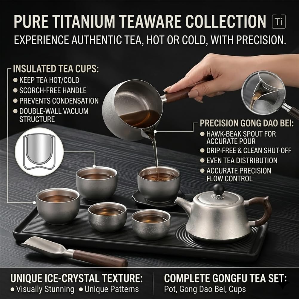 Reines Titan-Kaffee-Tee-Set, tragbare Reise-Teekanne, Hohle Tassen, fairer Krug, Tee-Ei, Sieb mit Griffetui