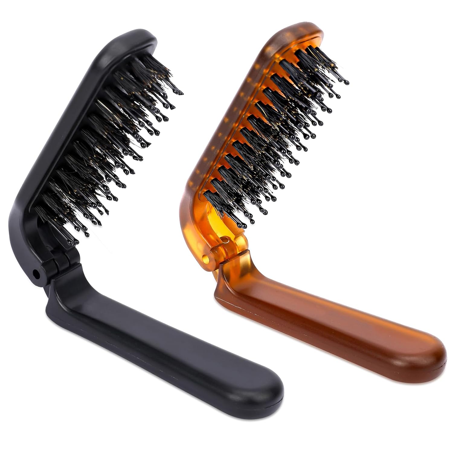 Travel Folding Boar Bristle Hair Brush, 2 Pack Mini Portable Collapsible Pocket
