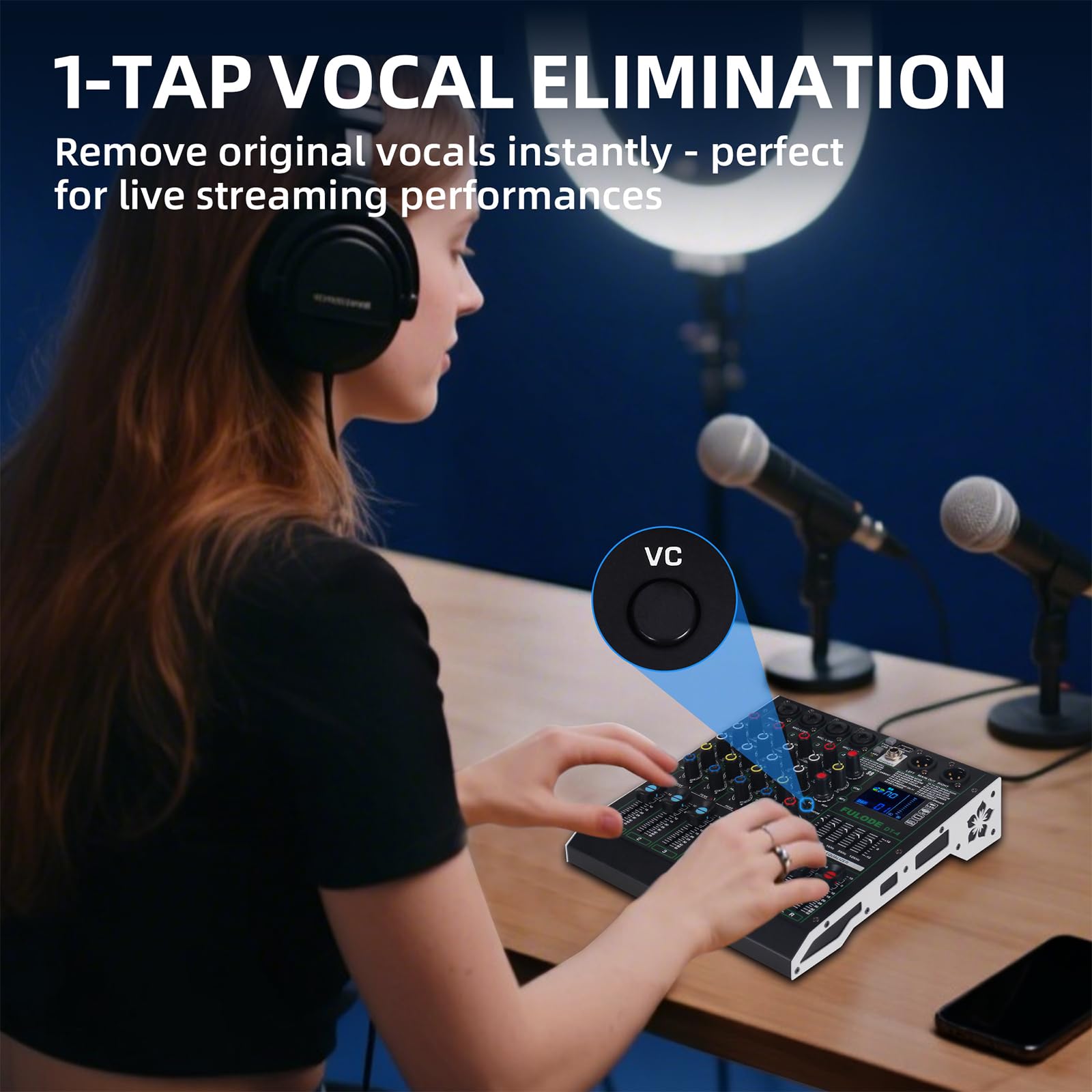 DT-4 Professioneller 4-K-Audio-Mixer, DJ-Controller-Soundboard-Mixing mit 99 DSP-Effekten, 5-Band EQ/4 XLR-Schnittstellen und USB für Live-Streaming und Aufnahme, 48 V Phantomspeisung und