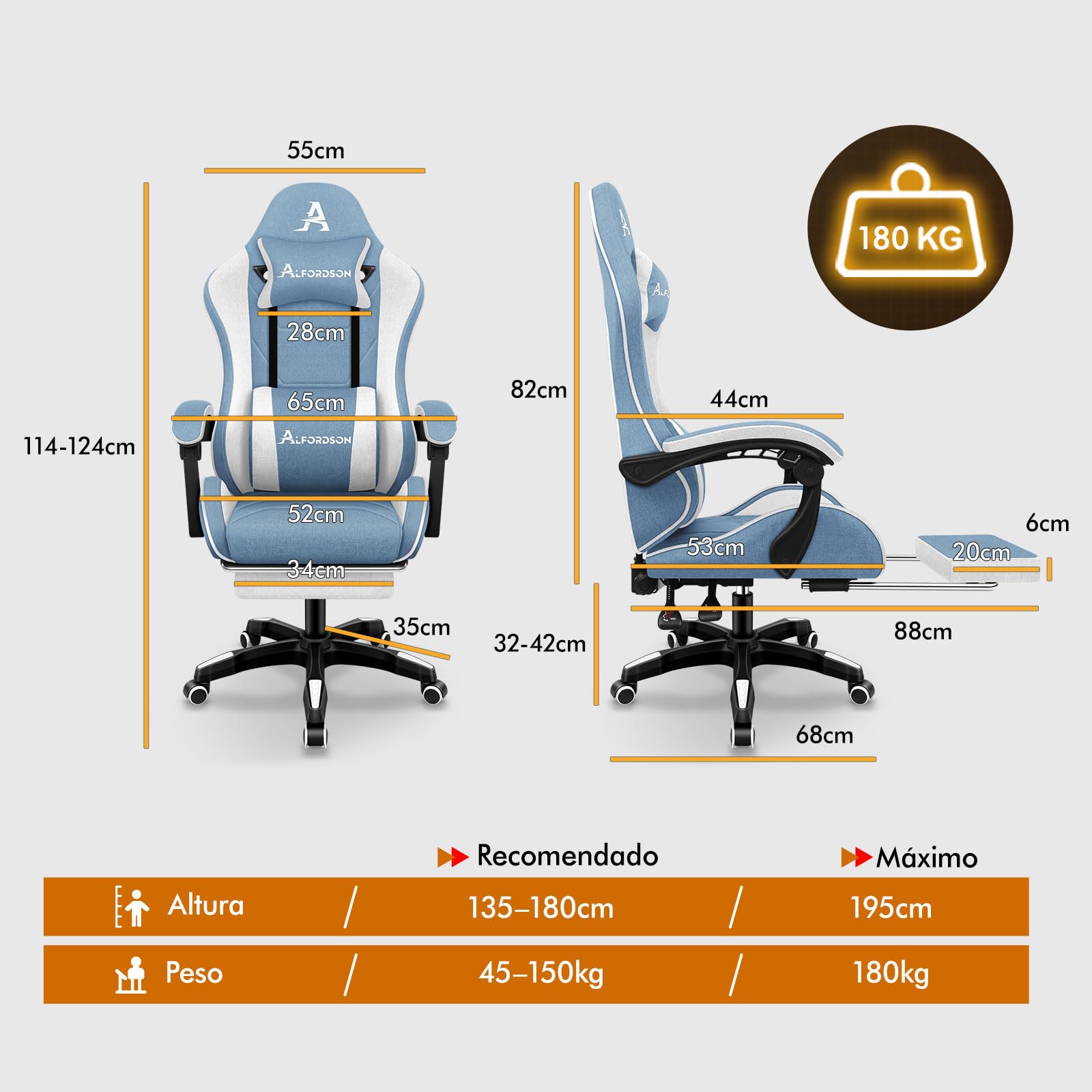 ALFORDSON Silla Gaming Ergonómica con Masaje, Silla Gamer de Oficina con Lumbar Massaggiante, Reposapiés Retráctil,Altura Ajustable,Reclinable 150°,Asiento Cómodo,Soporta 180 kg, Lino(Azul y Blanca)