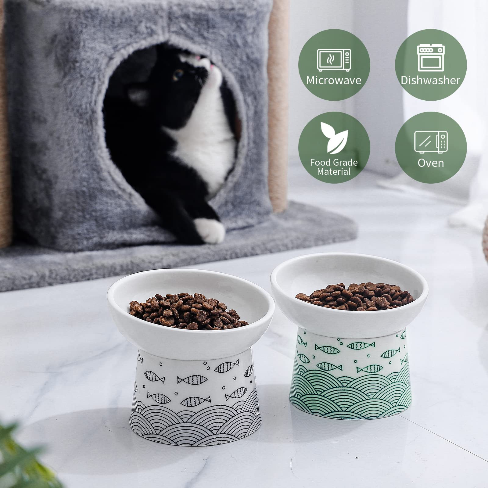Gamelles surélevées inclinées en céramique pour chat et petit chien, sans stress, prévention du refoulement, protection de la colonne vertébrale du chat, sans plomb et cadmium, 12,7 cm de large, vert