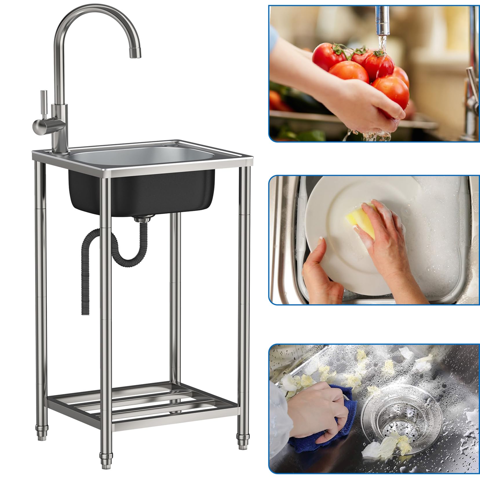 Fregadero De Cocina Exterior/Jardin Mueble Fregadero De Acero Inoxidable | Portatil Lavamanos Industriales con Grifo Estante Y Escurridor Pila De Lavar Para Garajes/Lavanderías/Restaurantes Comercial