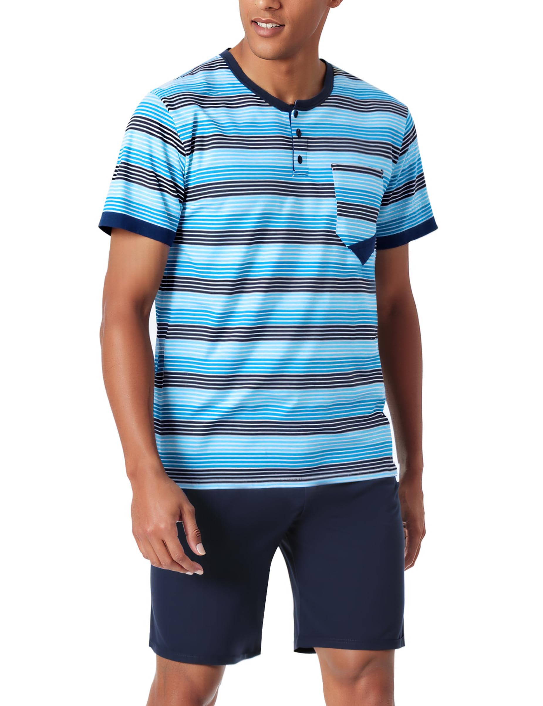 Jezonga Herren Schlafanzug Kurz Baumwolle Nightwear Set Pyjama Shorty Sommer Schlafanzüge Männer Kurzarm Nachtwäsche mit Knopfleiste