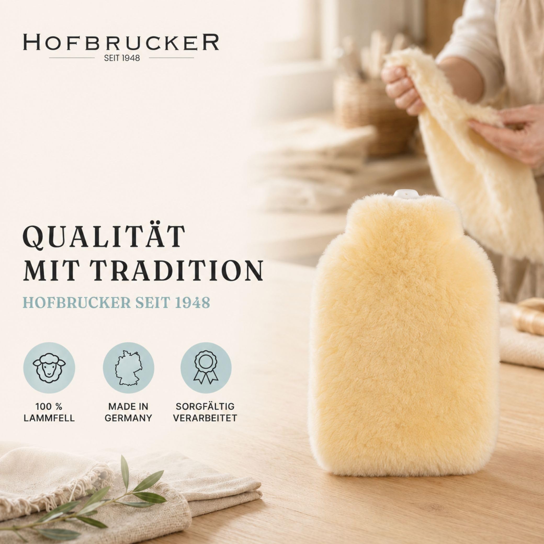 Fashy Wärmflasche mit Fellbezug - Merino-Lammfell (medizinisch gegerbt), goldgelb - temperaturausgleichend & kuschelweich - Bezug waschbar mit Reißverschluss - Made in Germany, ca. 28 × 20 cm