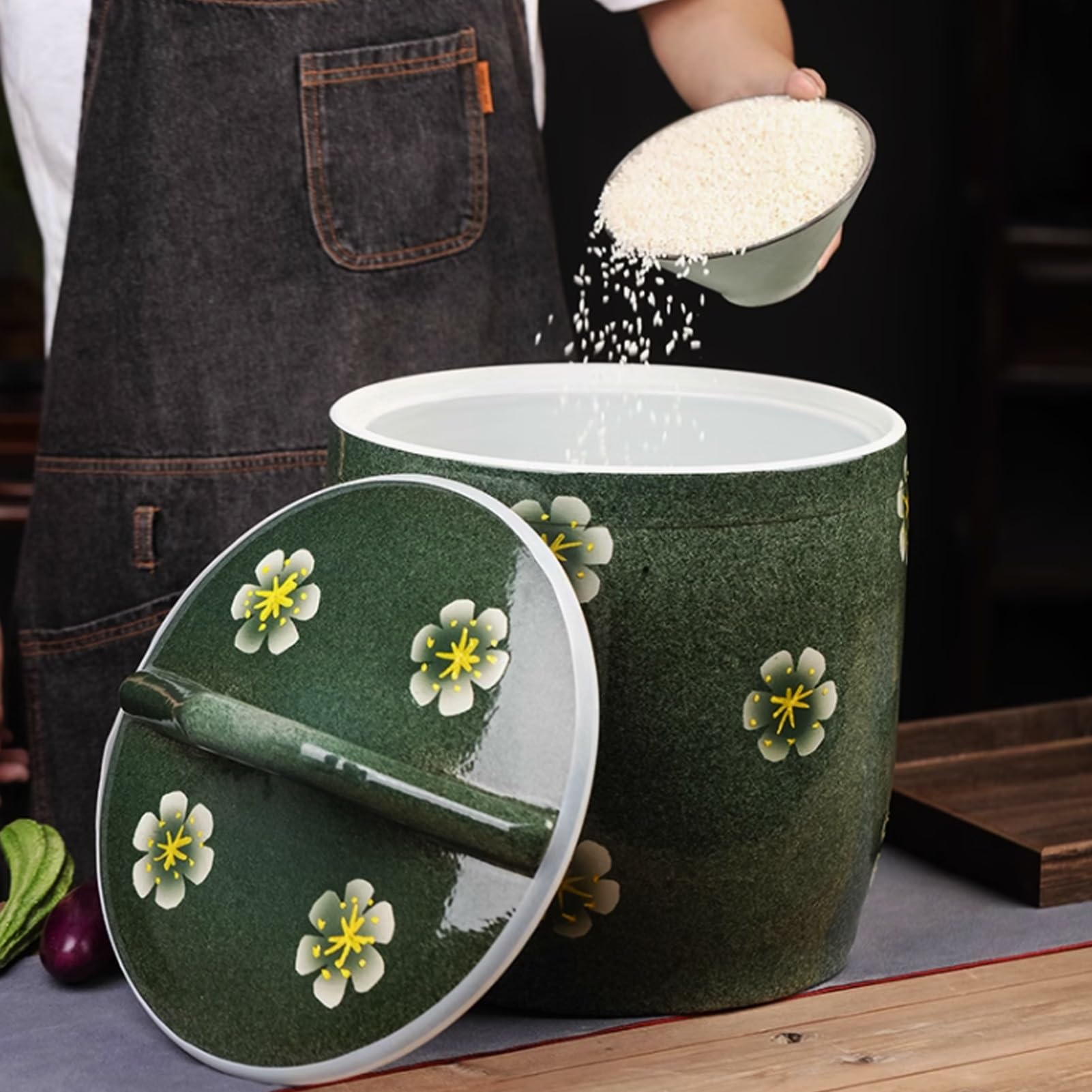 YVYKFZD Tanque de Arroz de Cerámica, Botes Cocina Almacenaje con Tapa, clásico Caja de Almacenamiento de Arroz de Cerámica, Chinos Recipientes para Alimentos, para harina, nueces, té(5KG)
