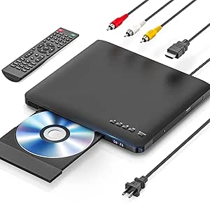 Ultra Slim DVD Player, Thin HDMI AV DVD Players for TV, 0.6 Inch Design with Region Free &amp; Colourful HD Pixels, Supports USB Playback, NTSC/PAL DVD Player with HDMI &amp; RCA Cables, Remote Control.