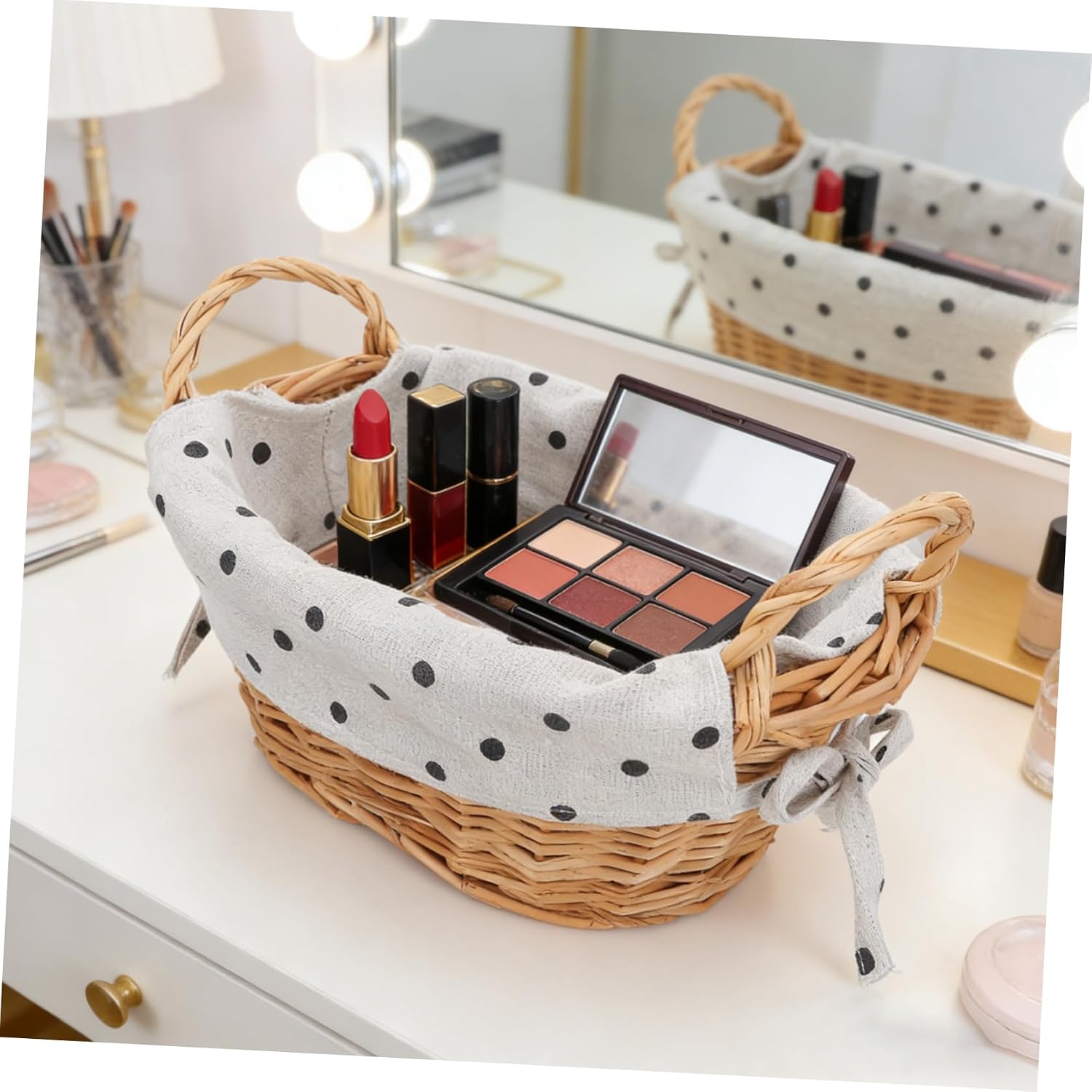 Small Desk Storage Basket, Hand Woven Rattan Cloth Basket with Handles