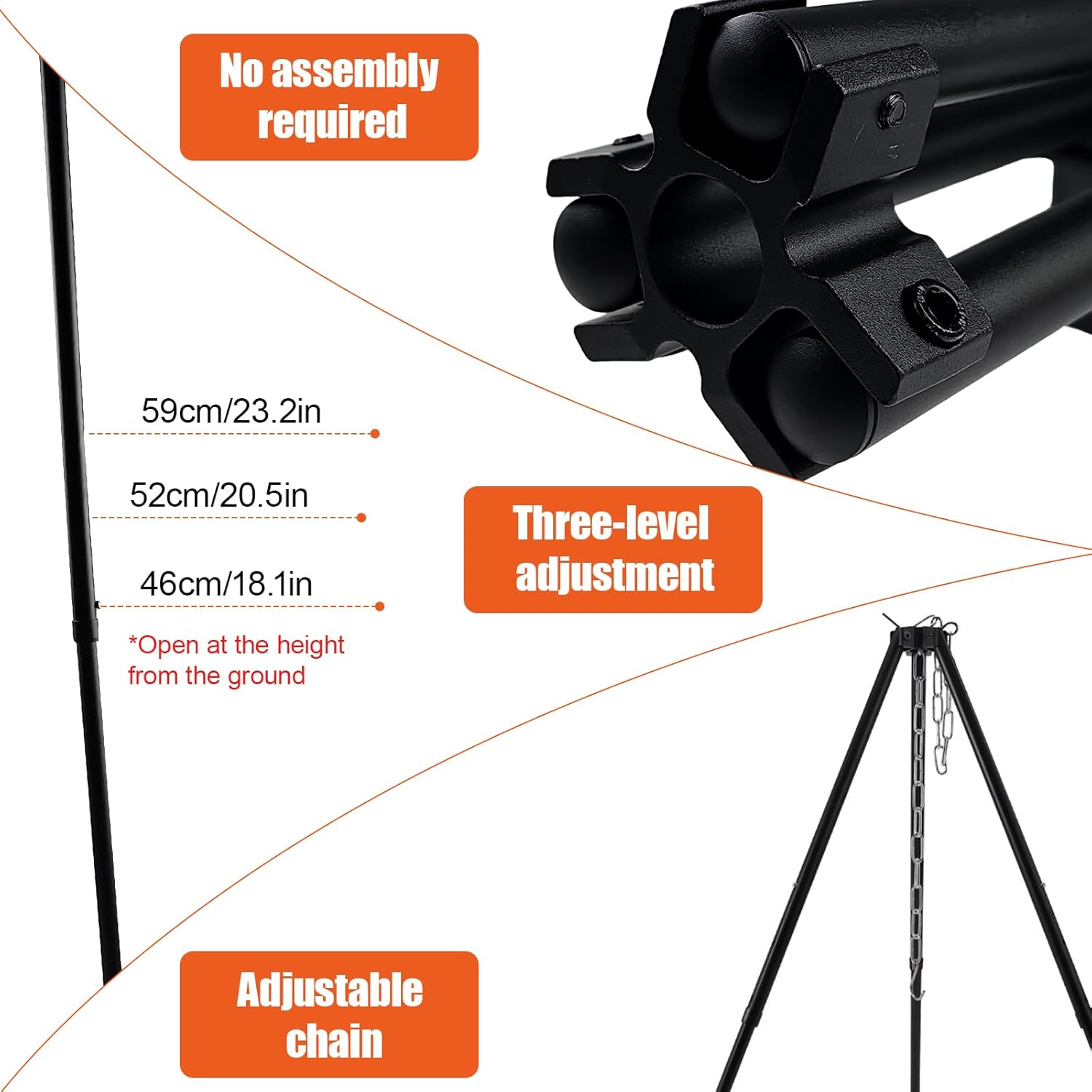Camping Tripod for Cooking, Portable Adjustable Outdoor Cooking Campfire Tripod Grill with Hanging Chain, Hook & Carry Bag