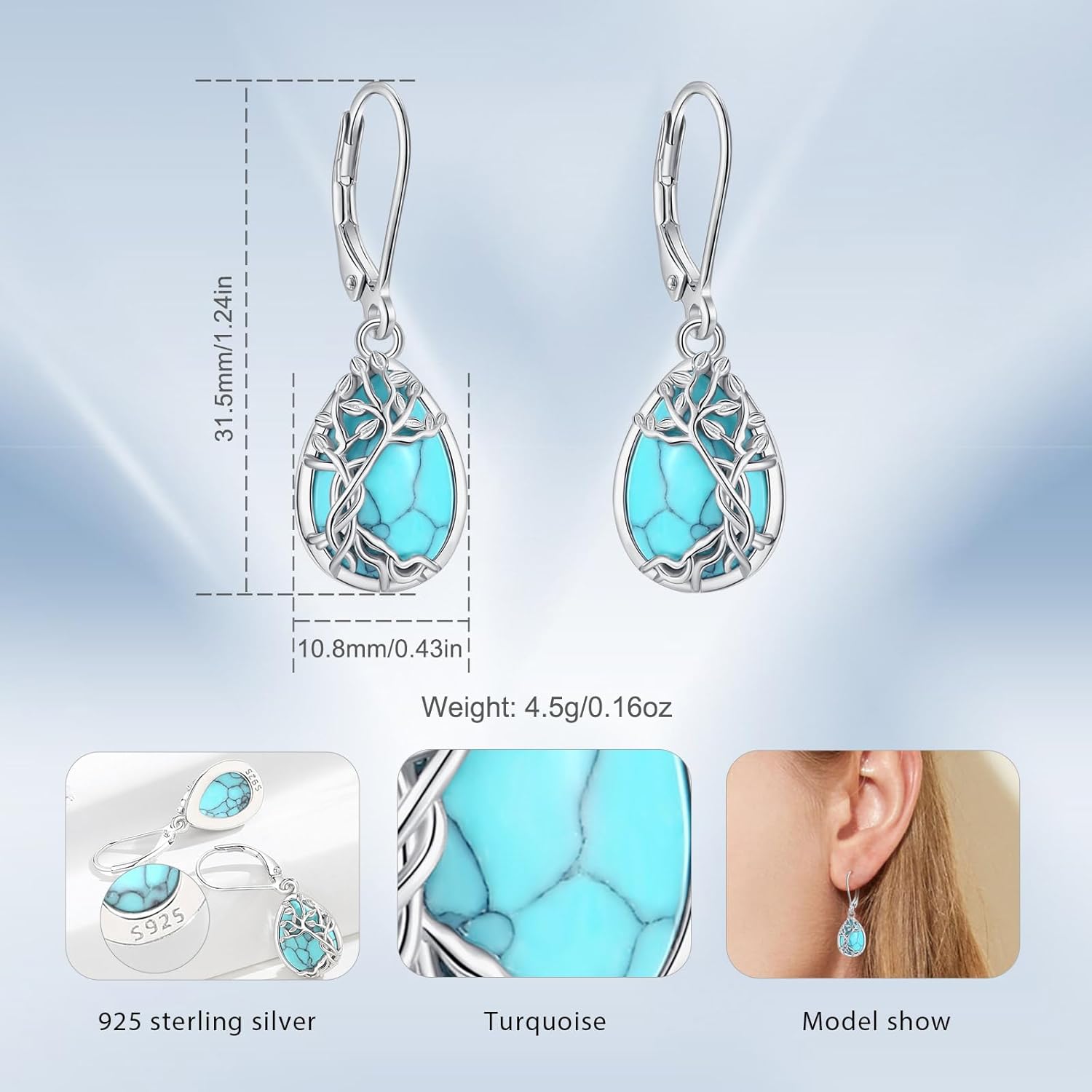 Vito 925 Sterling Silver Teardrop Earrings for Women, Moonstone Turquoise Drop Dangle Earrings Cat Snake Turtle Tree of Life Leverback Earrings Boho Jewelry Gift for Mom Wife - Image 6