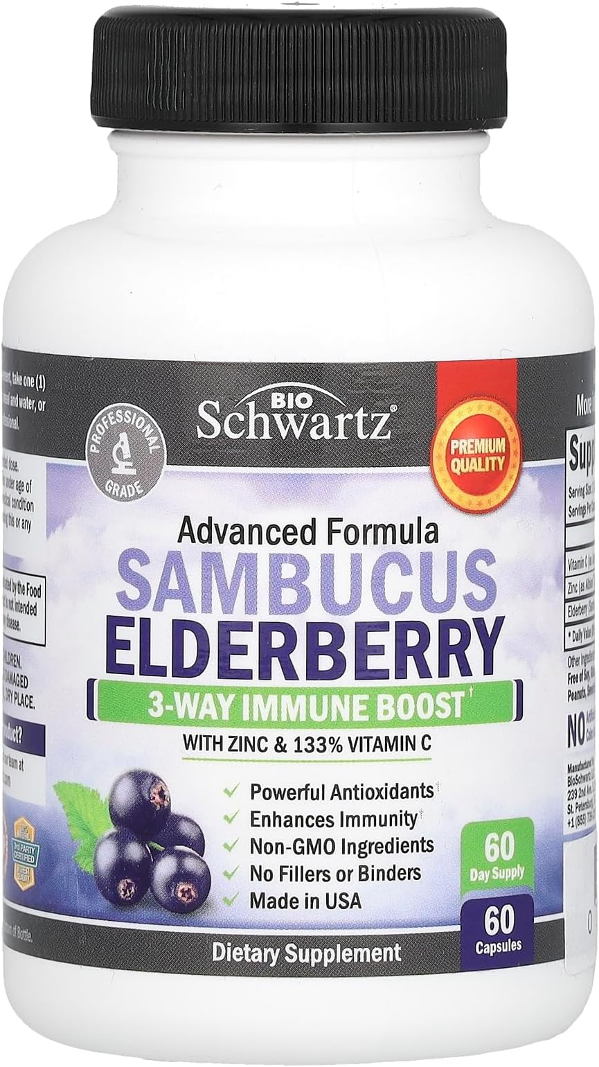 Sambucus Elderberry, Natural Advanced Formula, Antioxidant, Immune Boost With Zinc & 200% Vitamin C. 60 Veggie Caps
