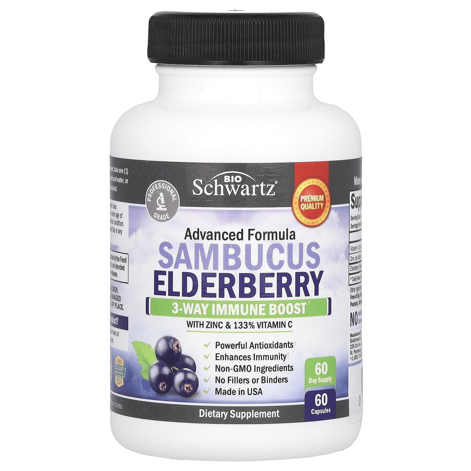 BioSchwartz Sambucus Elderberry, Natural Advanced Formula, Antioxidant, Immune Boost With Zinc & 200% Vitamin C. 60 Veggie Caps